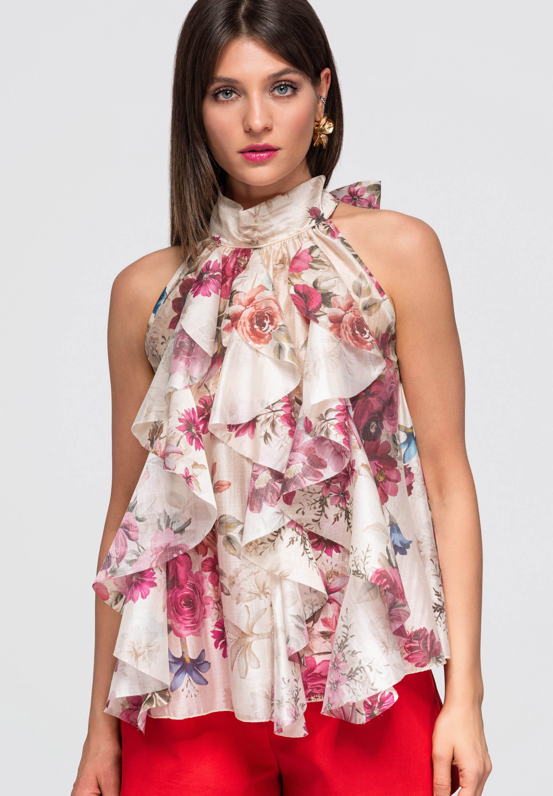 OMBRE Blusentop Damen Blusentop mit floralem Muster und Halterdekolleté Rose ONESIZE (kein Set, 1-tlg) florales Muster, kaskadierende Rüschen