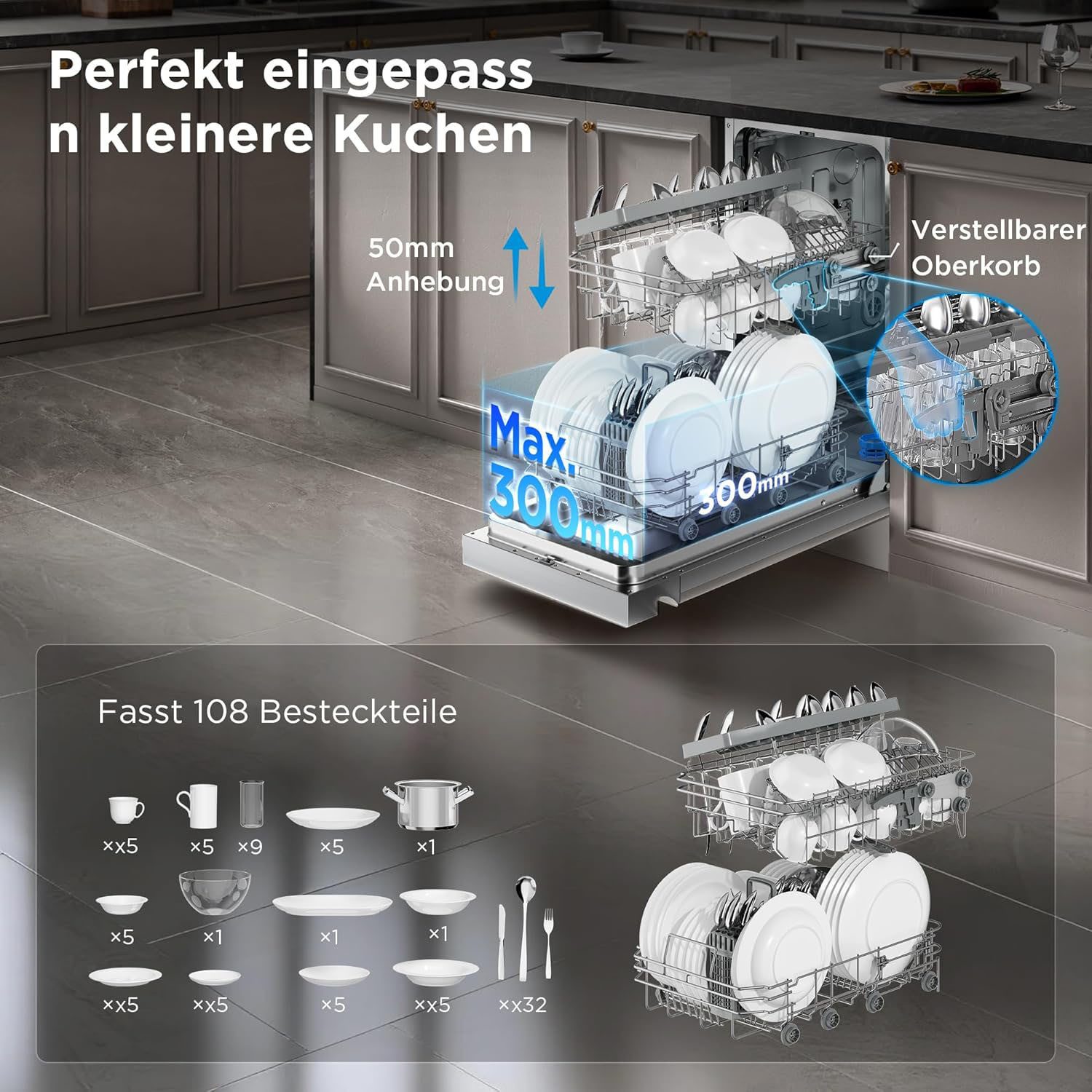 Midea teilintegrierbarer Geschirrspüler MDWES1034CS-W, 9 l, 10 Maßgedecke