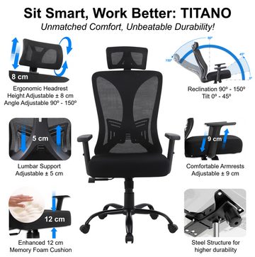 TITANO Bürostuhl EXECUTIVE (Ergonomischer Bürostuhl - Schreibtischstuhl mit verstellbarer Höhe, Lendenwirbelstütze, Kopfstütze und Armlehnen. Drehstuhl mit Wippfunktion, 12cm Memory Foam, 150kg Belastbar)