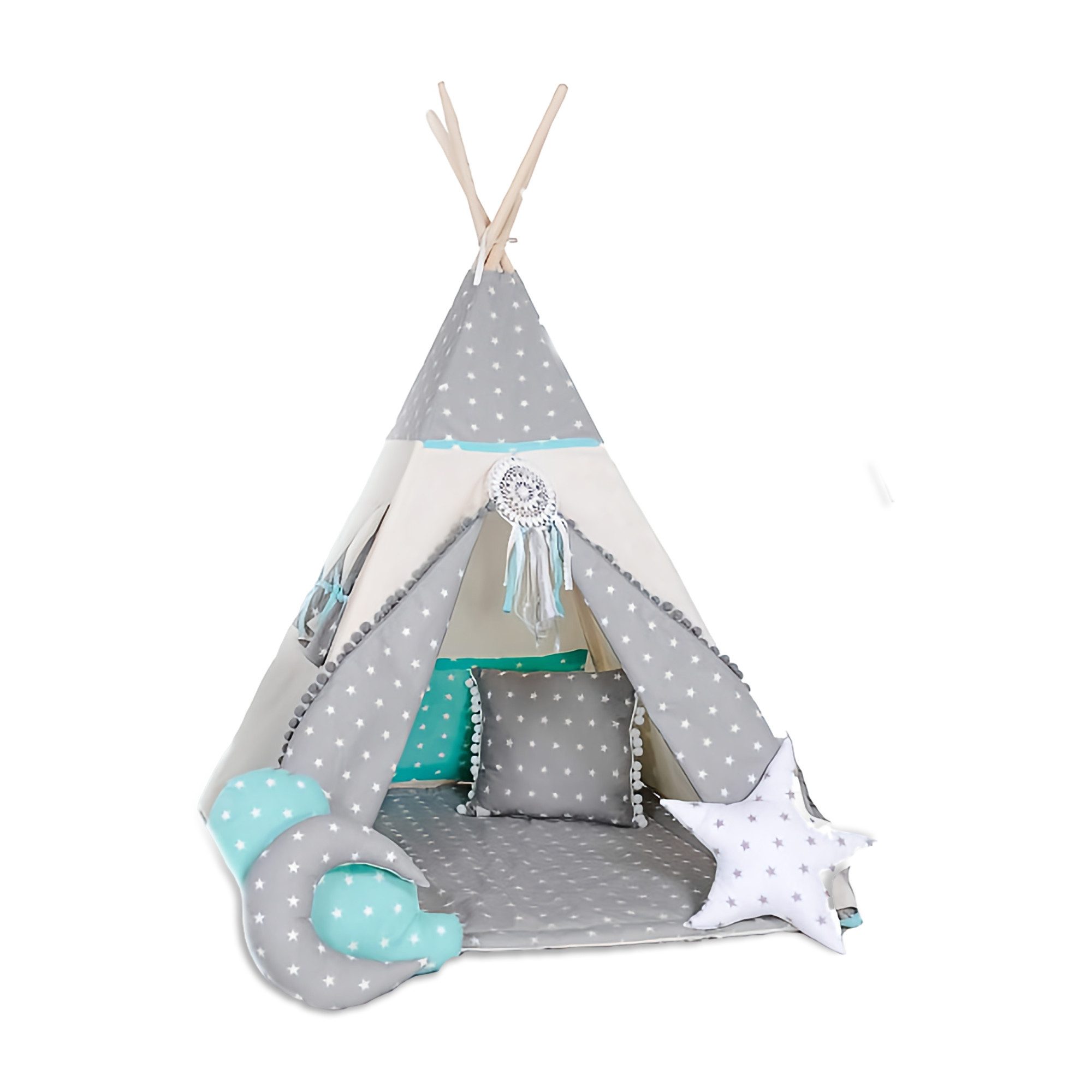 Rainbow Kids Tipi-Zelt Wolf Stern Grau, Personen: 2 (mit kleinem Zubehör, 4 tlg., mit 2 Kissen und Matte)