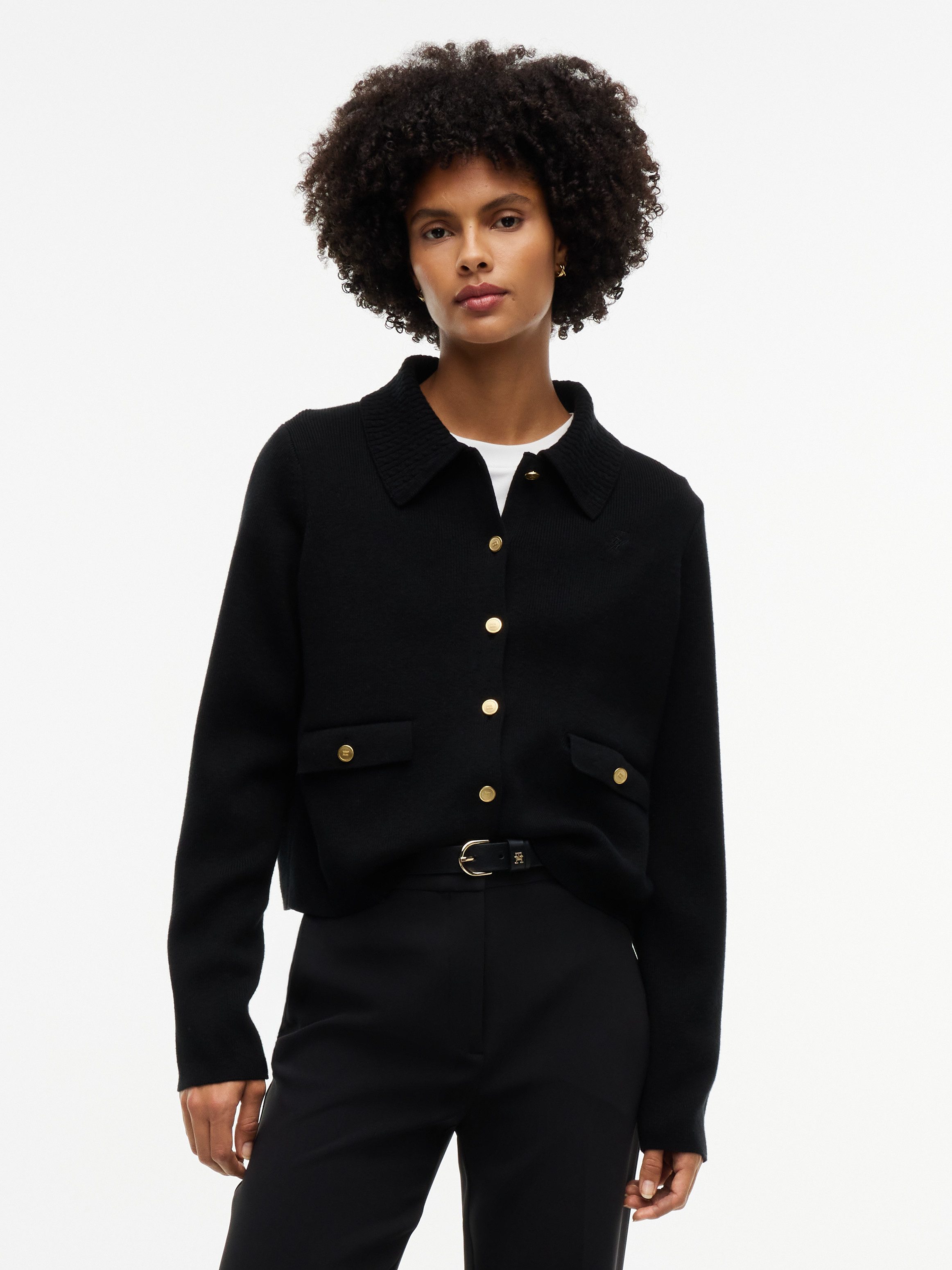 Tommy Hilfiger Strickjacke B WOOL LADY JACKET GLD BUTTON Baumwollmischung, mit Wolle