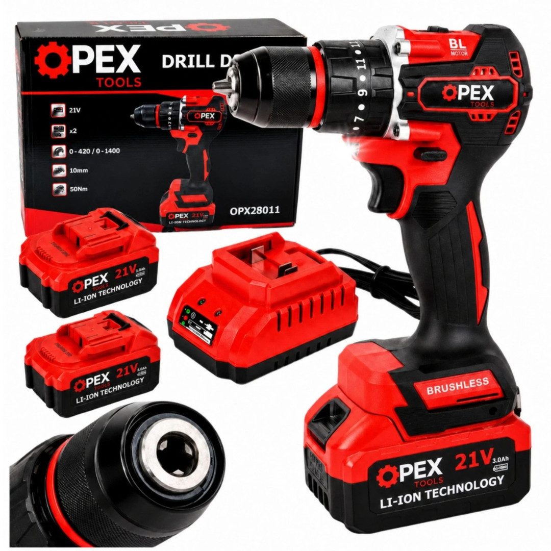 VERK GROUP Akku-Schlagbohrmaschine Akku Schlagbohrschrauber Set 21V 50Nm mit 2 Akkus OPEX TOOLS, (1-tlg., 2× 21 V / 3,0 Ah Li-Ion-Akku), Bürstenloser Motor, 50 Nm, 2 Akkus, 2 Gänge, Schlagfunktion