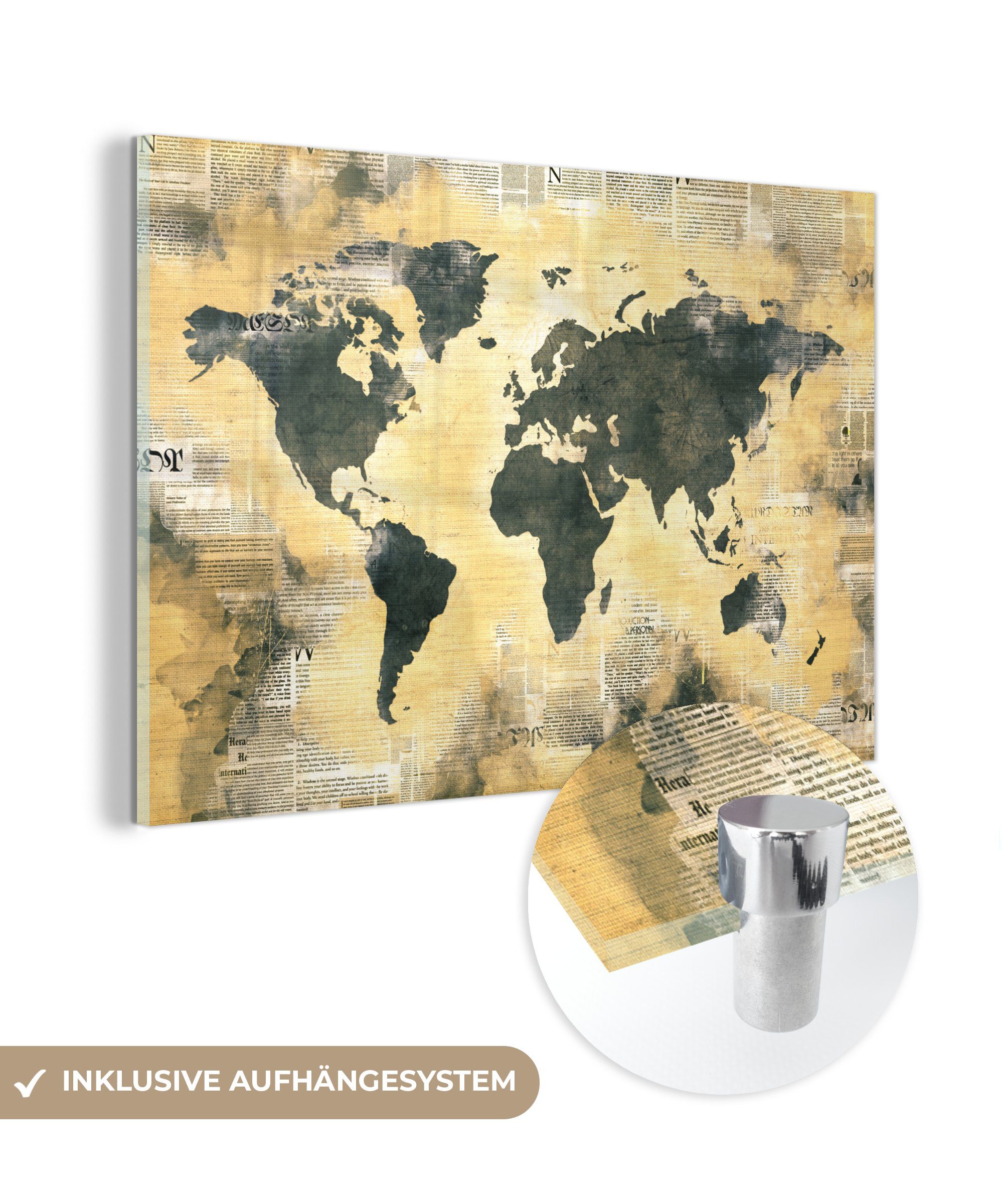 Gold - Glas Weltkarte auf Zeitungen, Glas Acrylglasbild - MuchoWow Wanddekoration - auf St), Glasbilder - (1 - Wandbild Bilder Foto