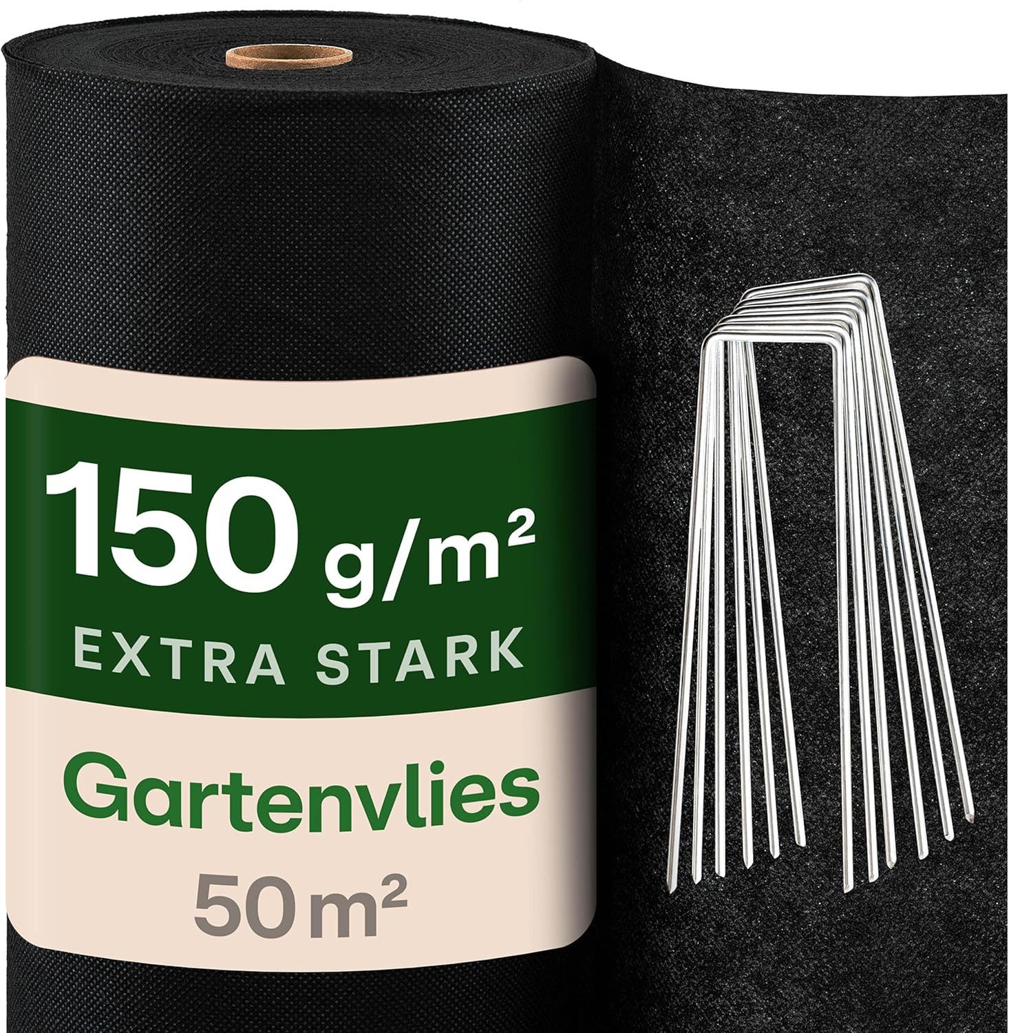 Praknu Gartenvlies Gartenvlies 150g/m² – 50 m² (1×50 m) mit 24 Erdankern, (Set, 1-St), reißfest, UV-stabil, zuschneidbar, wasserdurchlässig, robust