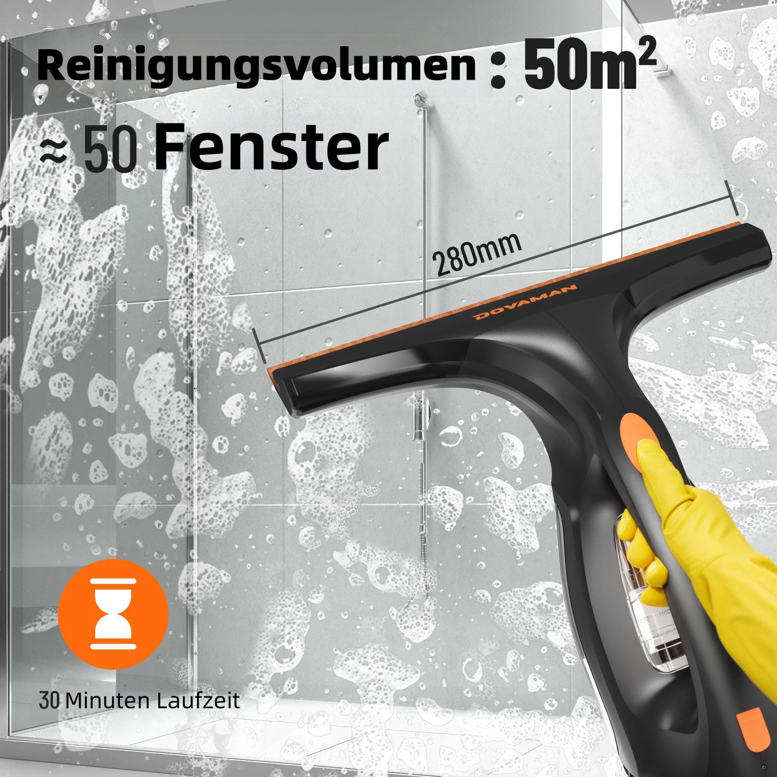 DOVAMAN Akku-Fenstersauger 30 Min Laufzeit, 280 mm Düse, 150 ml Tank, Sprühflasche & 2 Tüchern