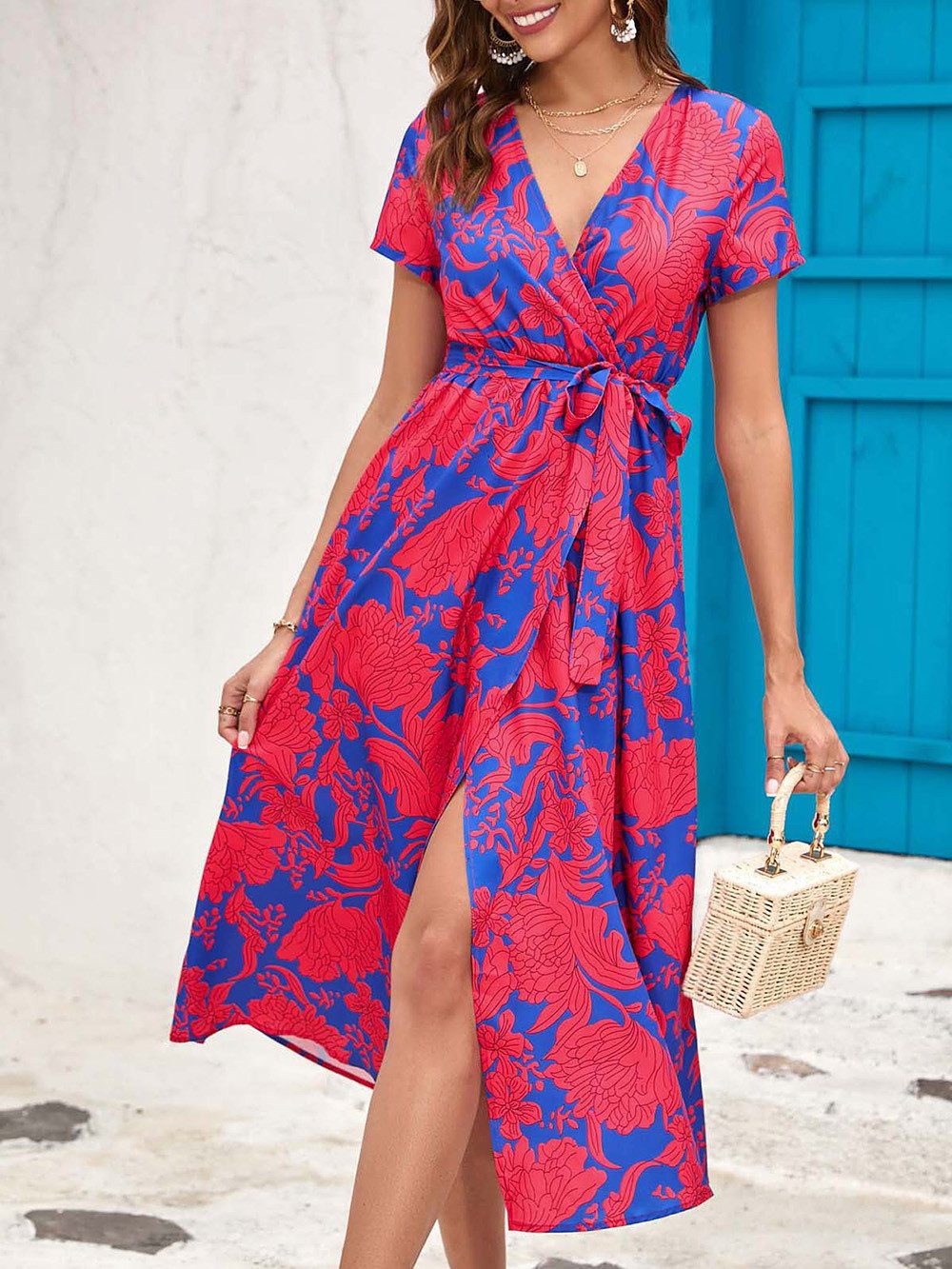 BlauWave Druckkleid Bedruckte Sommerkleider mit V-Ausschnitt (Bequem und langlebig, 1-tlg., Für den Alltag unterwegs) Tailliertes kurzärmeliges Strandkleid für Frauen