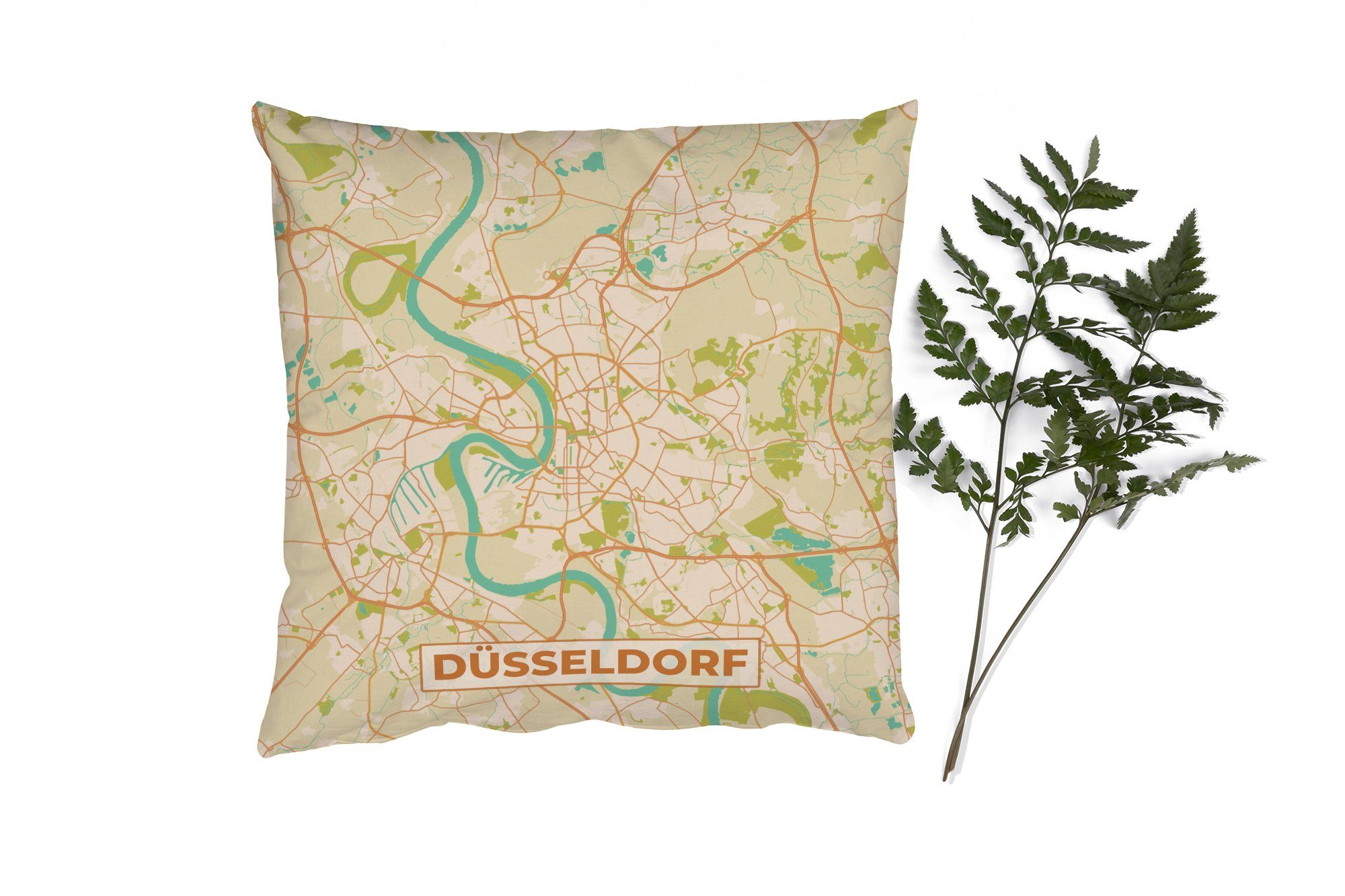 MuchoWow Dekokissen Karte - Düsseldorf - Vintage - Stadtplan, Zierkissen mit Füllung für Wohzimmer, Schlafzimmer, Deko, Sofakissen