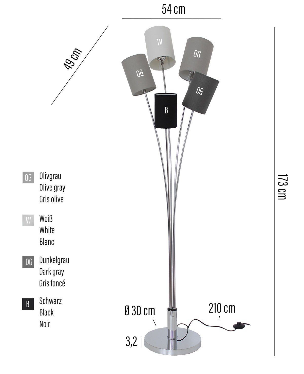 Zuleitungskabel chrom & 5-armig Stehleuchte Stehlampe Kiom Grautöne Kaon Leuchtmittel mit inklusive, abhängig Leuchtmittel cm, 173 Fußschalter, nicht