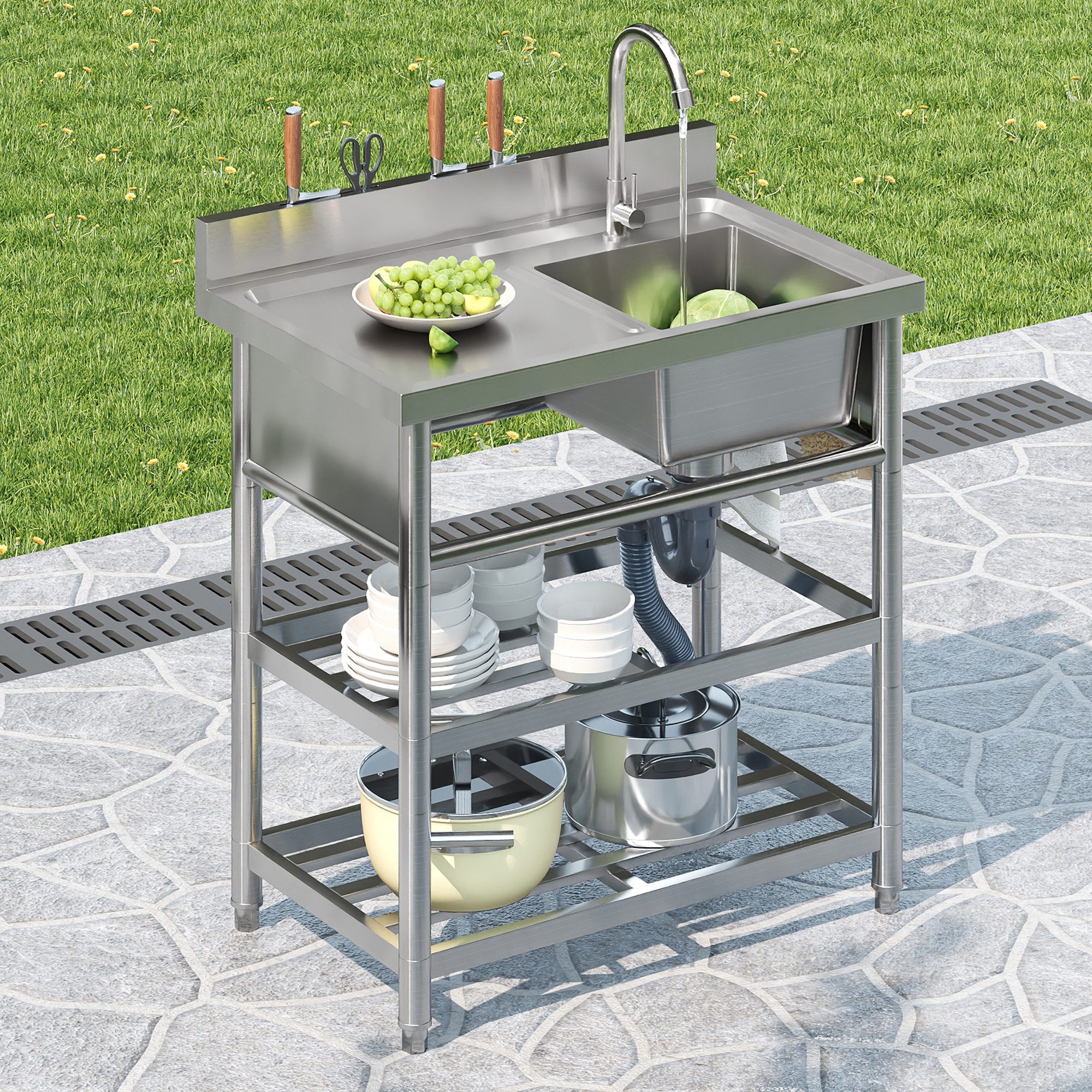 Flieks Outdoor-Küchenmodul Küchenspüle Edelstahlspüle mit Wasserhahn & U-förmiges Abflussrohr (80×50×107 cm, Garten-Waschtisch mit 2 Ablagen, Messerhalter und 4 Haken) Outdoorspüle Gartenspüle Campingspüle Messespüle Edelstahl Silber