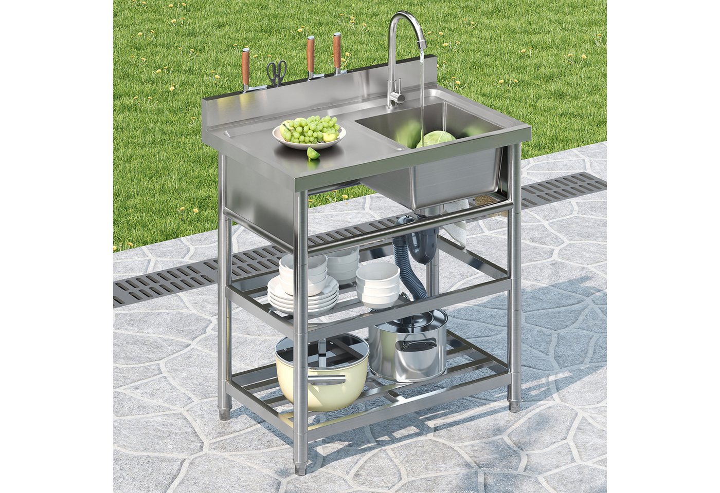 Flieks Outdoor-Küchenmodul Küchenspüle Edelstahlspüle mit Wasserhahn & U-förmiges Abflussrohr (80×50×107 cm, Garten-Waschtisch mit 2 Ablagen, Messerhalter und 4 Haken) Outdoorspüle Gartenspüle Campingspüle Messespüle Edelstahl Silber