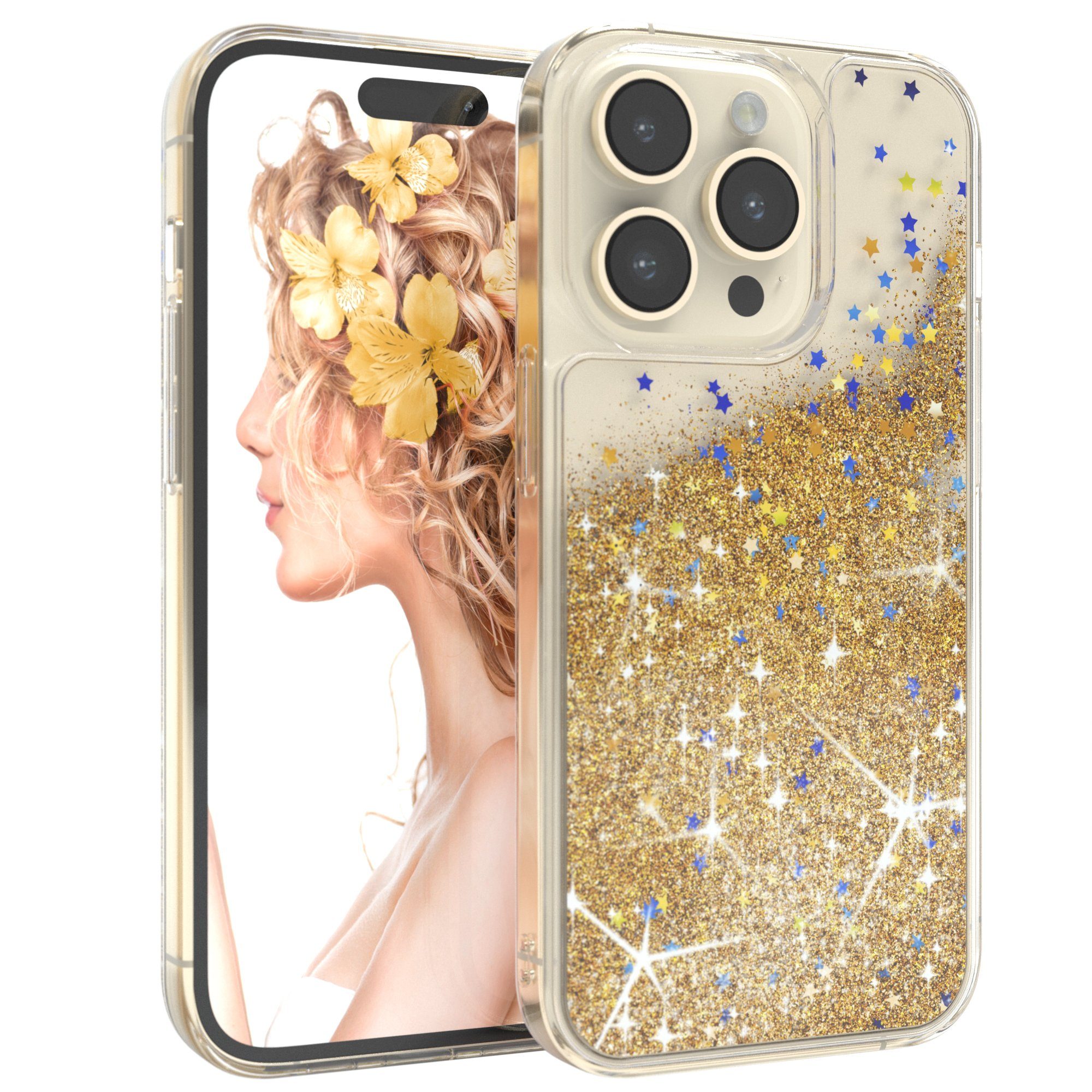 EAZY CASE Handyhülle Liquid Glittery Case für Apple iPhone 14 Pro 6,1 Zoll, Durchsichtig Back Case Handy Softcase Silikonhülle Glitzer Cover Gold