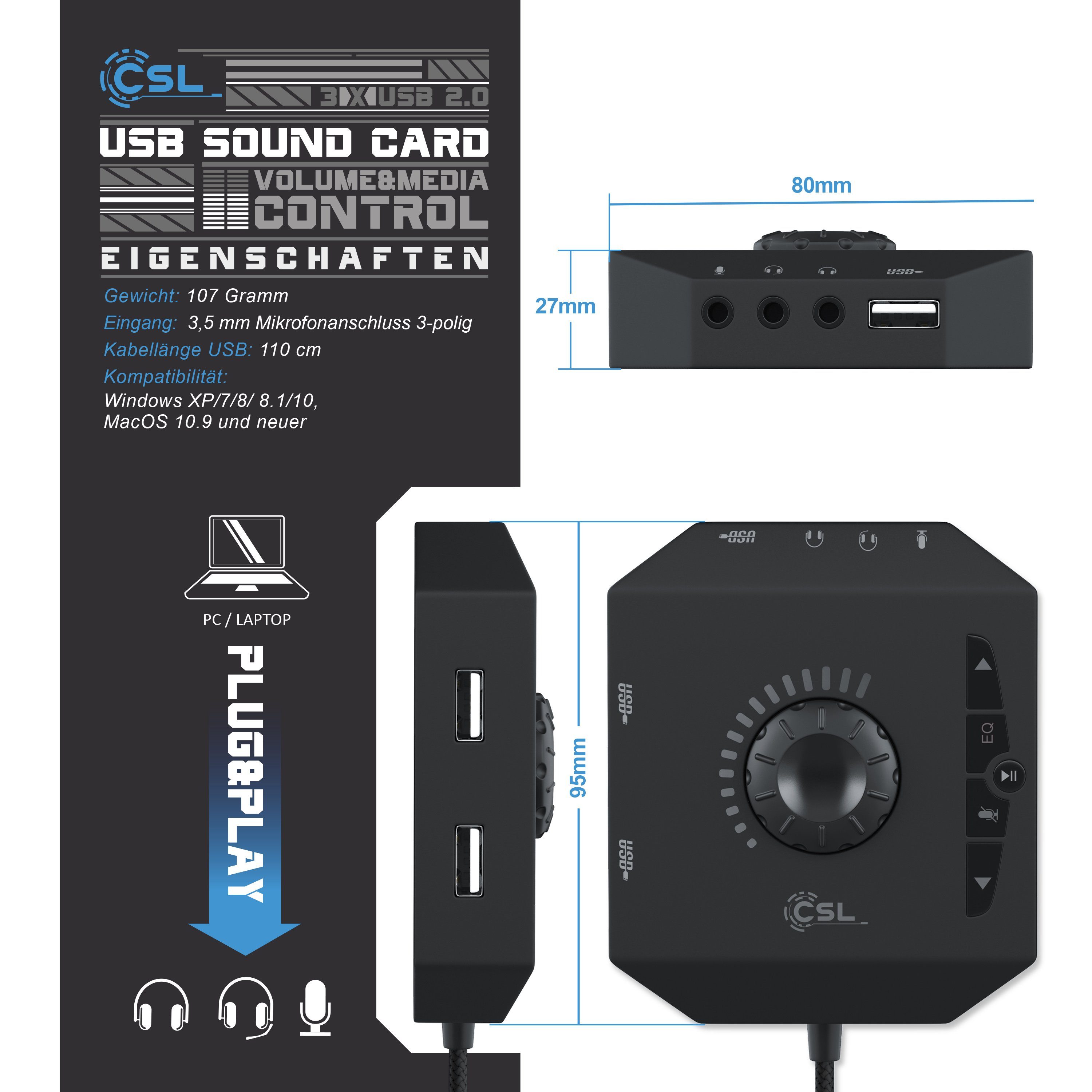 Kopfhörer, Anschluss Lautstärkeregelung, Mikrofon USB-Soundkarte, Headset, extern, CSL für