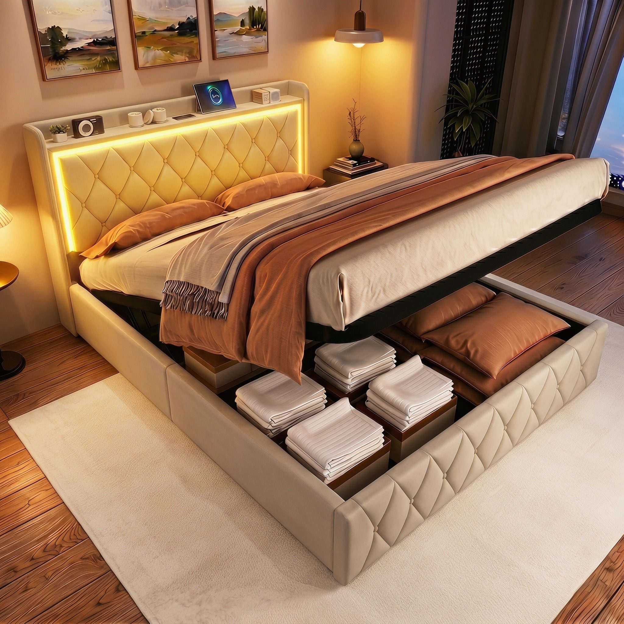 Gdood Stauraumbett Polsterbett Doppelbett LED, Samtstoff (1-tlg., Mit Lattenrost und Ladefunktion, Leinenmaterial Polsterbett), Modernes Jugendbett, Leises Design Bett, Max. Belastbarkeit 350 kg
