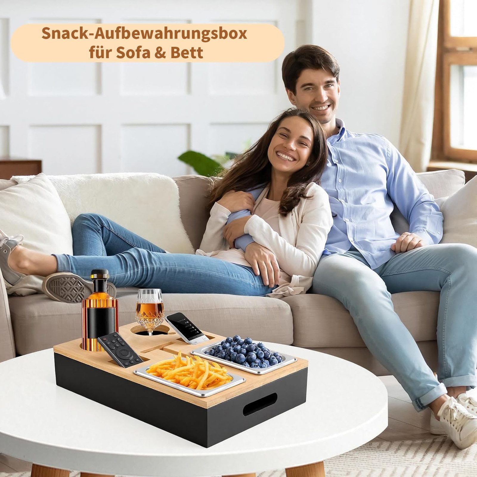 AIMAX Tabletttisch Couchbar Snackbox, Sofatablett für Snacks, Getränke & Fernbedienung, Mit 2 Snackschalen & 2 Getränkehaltern, Abnehmbarer Deckel für Sofa
