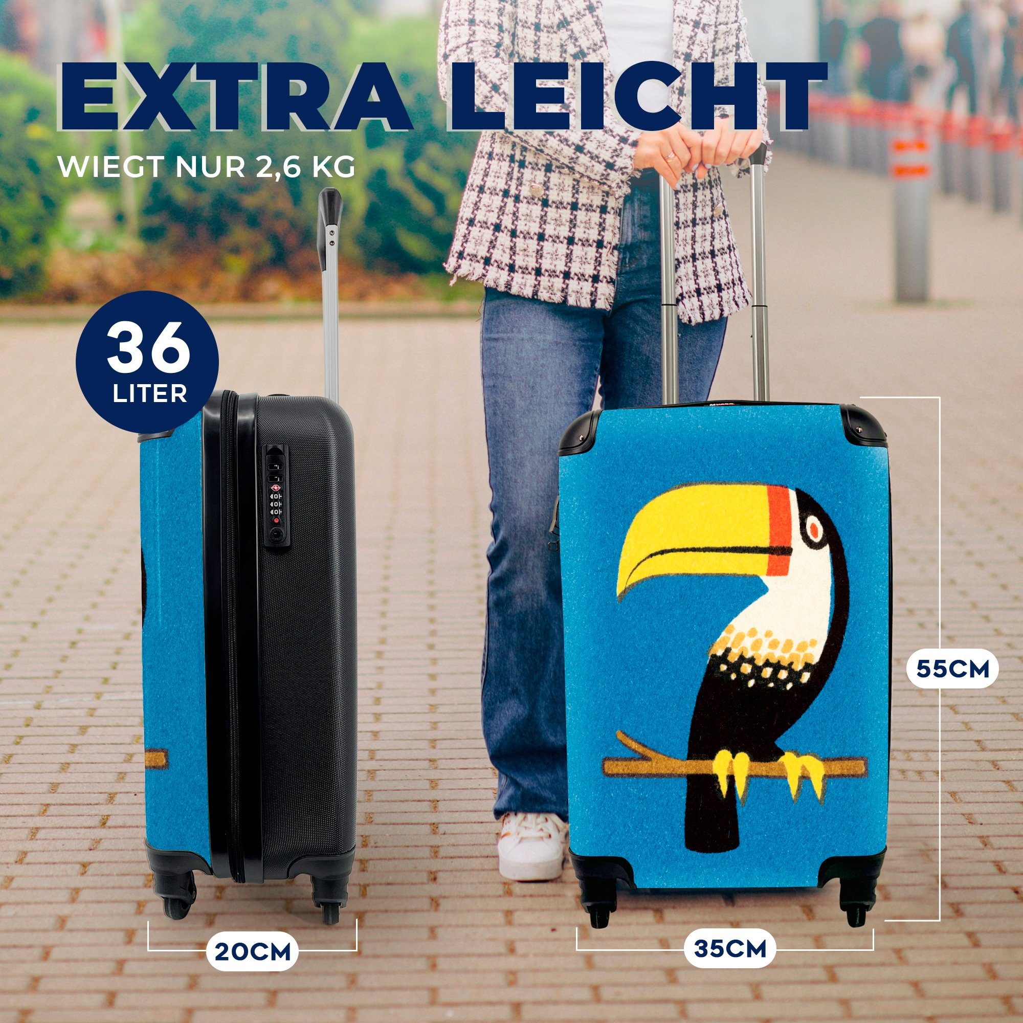 Eine MuchoWow Illustration Handgepäckkoffer Tukans, für Ferien, 4 mit Rollen, Reisekoffer rollen, bunten Trolley, Reisetasche eines Handgepäck