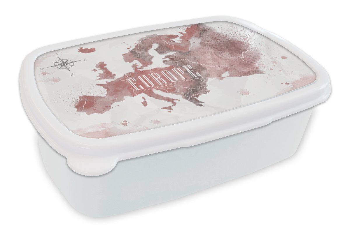 MuchoWow Lunchbox Karte - Europa - Aquarell - Kompass, Kunststoff, (2-tlg), Brotbox für Kinder und Erwachsene, Brotdose, für Jungs und Mädchen weiß