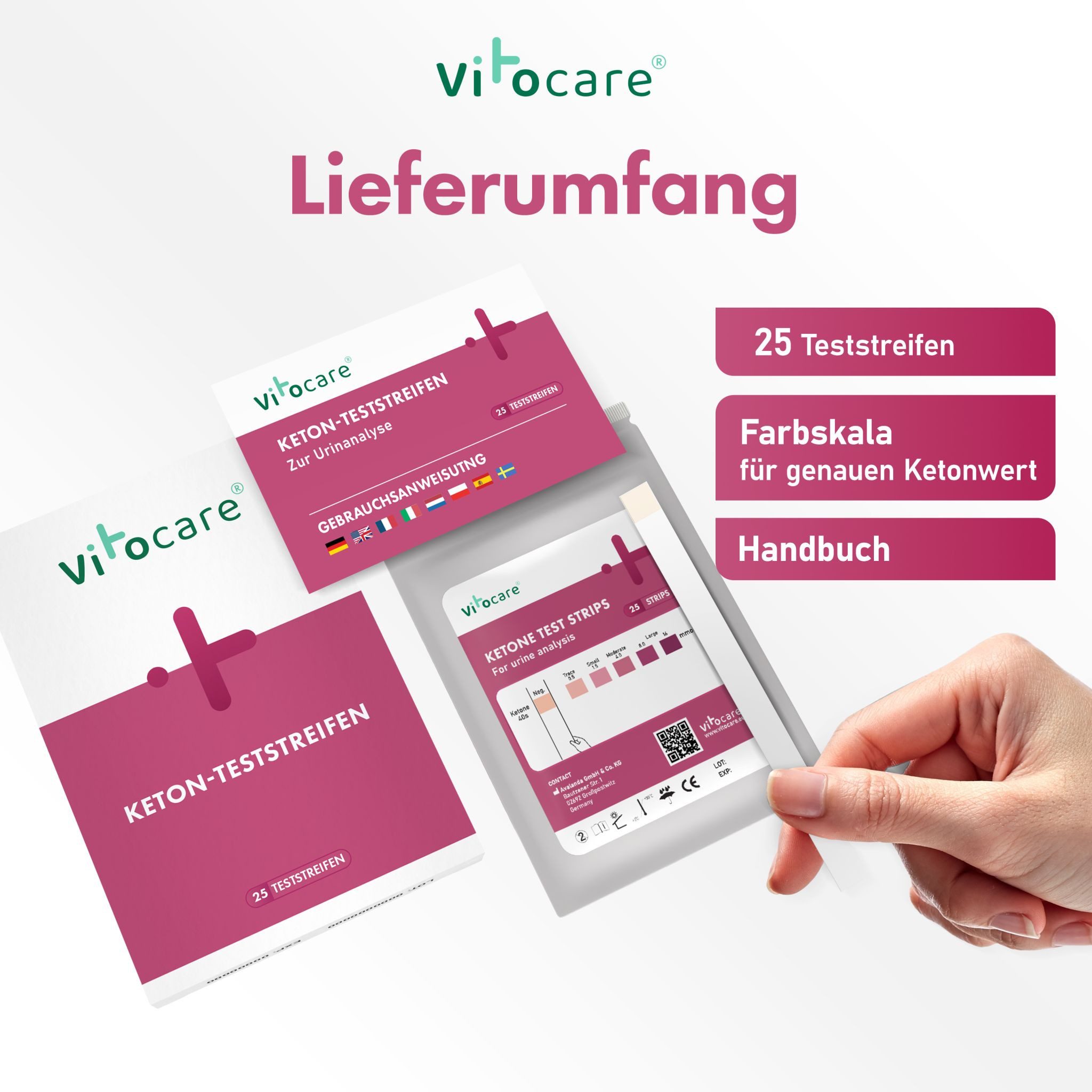 Vitocare Blutzuckermessgerät Keton & Keto Teststreifen, Ketose Selbsttest, 25/125 Stk., Keton Test