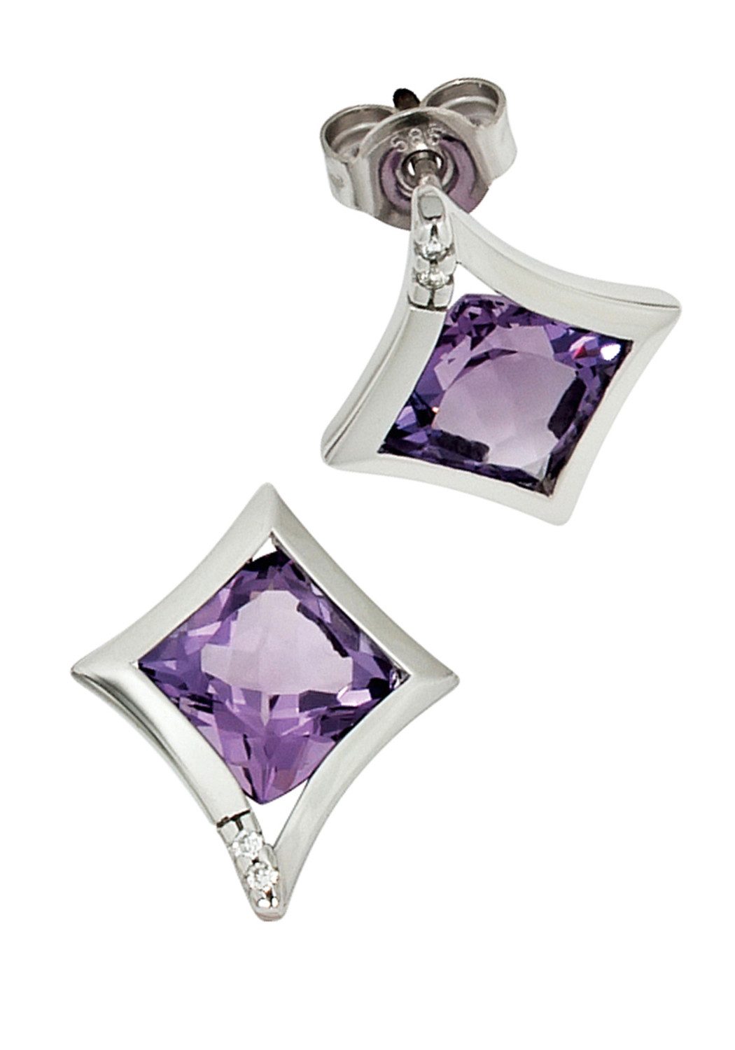 JOBO Paar Ohrstecker Ohrringe, 585 Weißgold mit Amethyst und 4 Diamanten