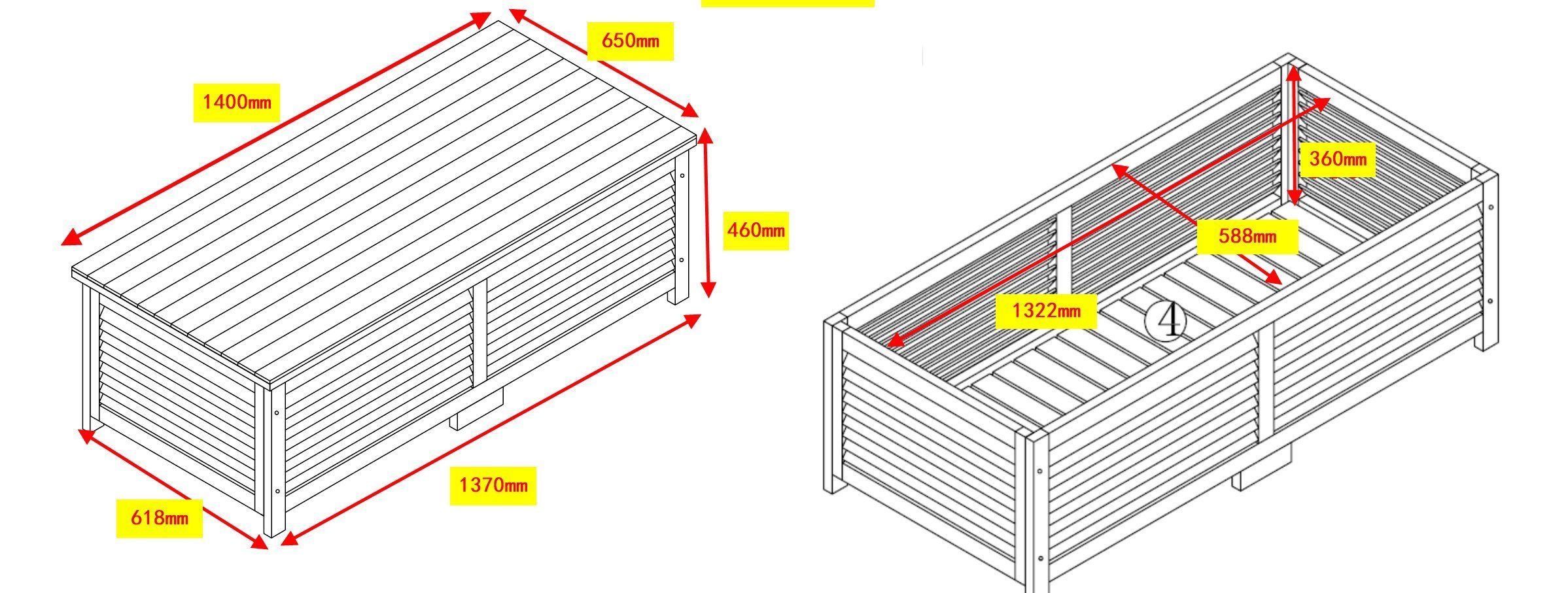 Holz Geräumig metra-direkt - Stabil, cm, Gartentruhe Kissenbox Auflagenbox - 140x65x46 Gartenbox Imprägniertes Kiefernholz, -
