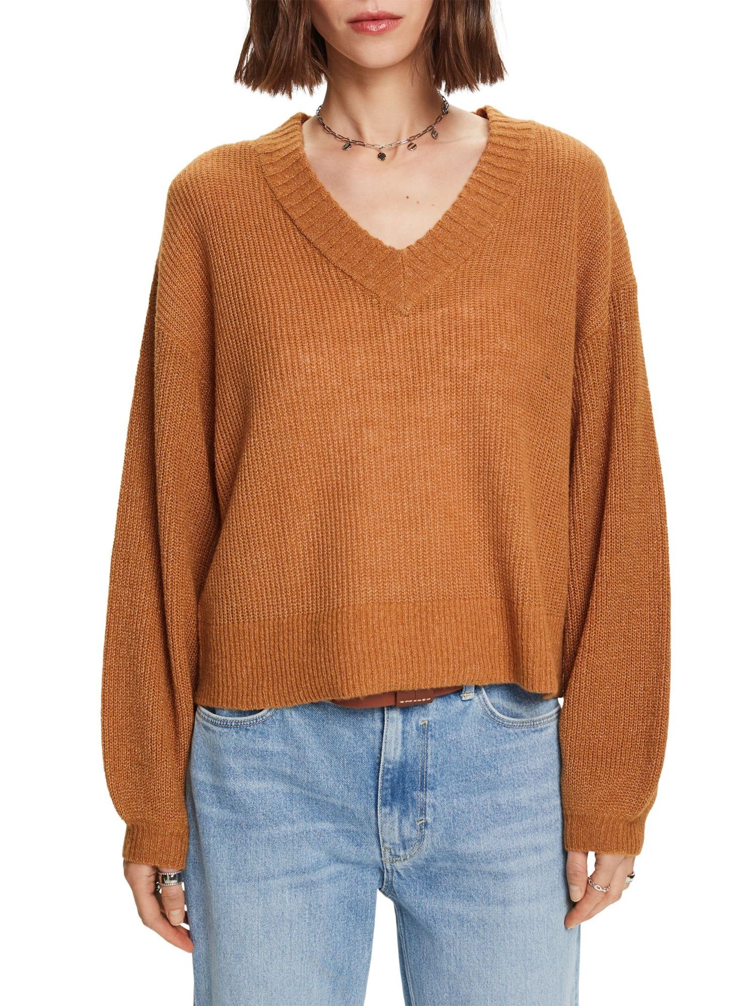 V-Ausschnitt-Pullover Wollmix edc Esprit mit by CARAMEL Pullover V-Ausschnitt,