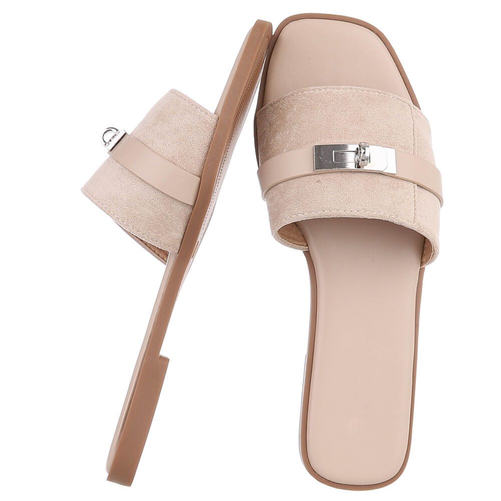 Ital-Design Damen Pantolette mit Metall-Detail und flachem Fußbett Pantolette (91742341) Blockabsatz Pantoletten in Beige
