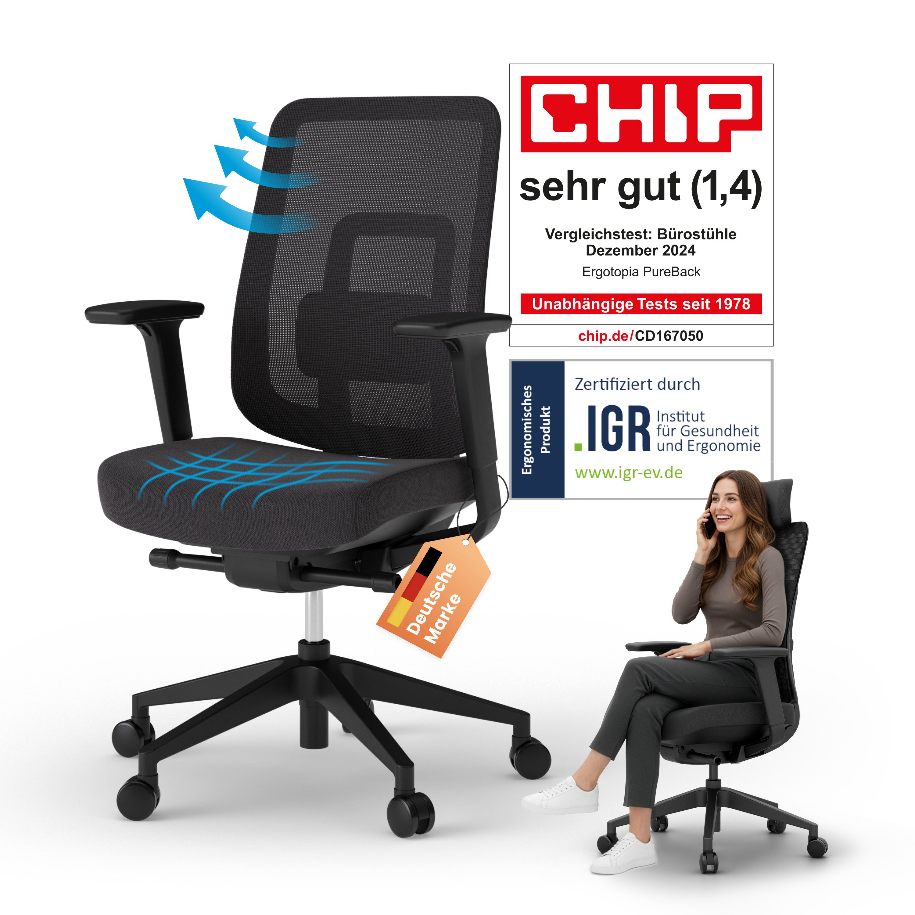 Ergotopia Bürostuhl PureBack ergonomischer Schreibtischstuhl