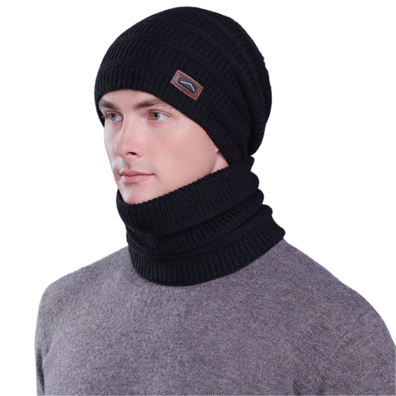 Refttenw Mütze & Schal Plüschfutter Wintermütze & Winterschal 2-teiliges für Damen und Herren
