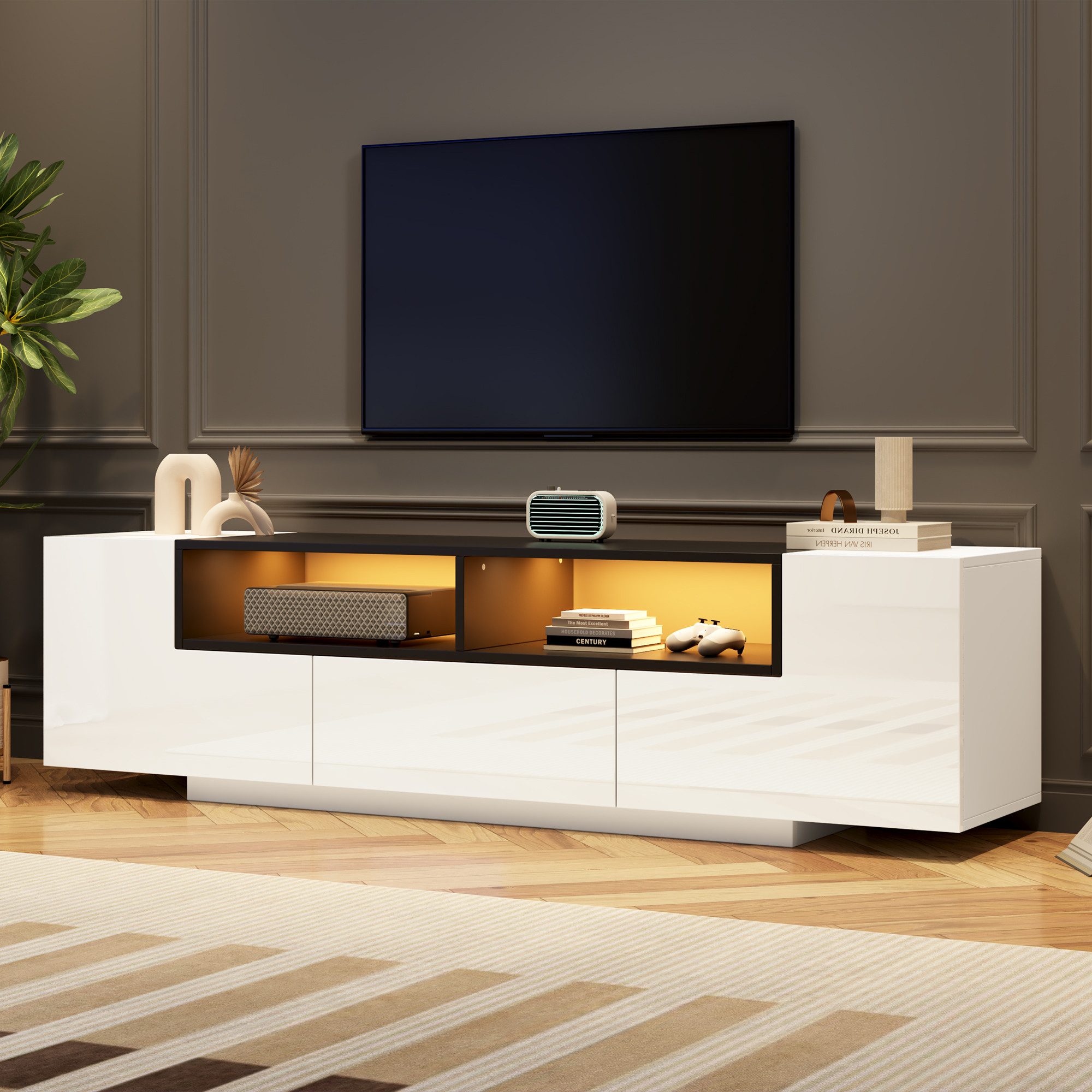KLAM HOME Lowboard 180x40x48cm Mit LED-Licht, Fernsehschrank mit L-Form und Schubladen (Standfernsehschrank, Wohnzimmerschrank, TV-Ständer), TV-Schrank in Hochglanzweiß, Geeignet für 75-Zoll-Fernseher