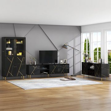 REDOM Wohnwand, (Vitrine mit LED, Couchtisch, Sideboard), Wohnmöbel Set in Schwarz, Wohnzimmerset mit Metallbeine