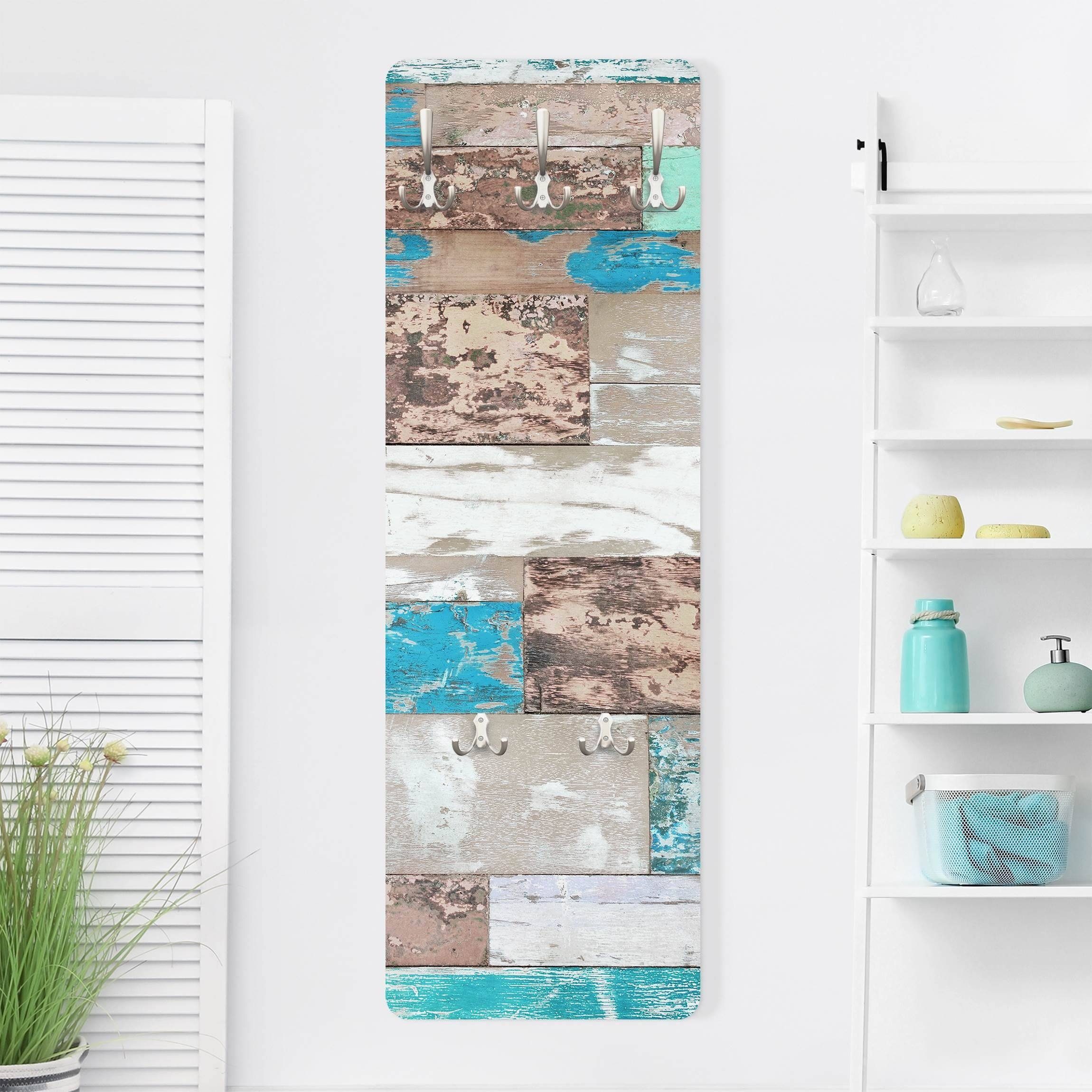 Bilderdepot24 Garderobenpaneel Design Kulinarisch Holzoptik Bretteroptik Kunst Muster Maritime Planks (ausgefallenes Flur Wandpaneel mit Garderobenhaken Kleiderhaken hängend), moderne Wandgarderobe - Flurgarderobe im schmalen Hakenpaneel Design