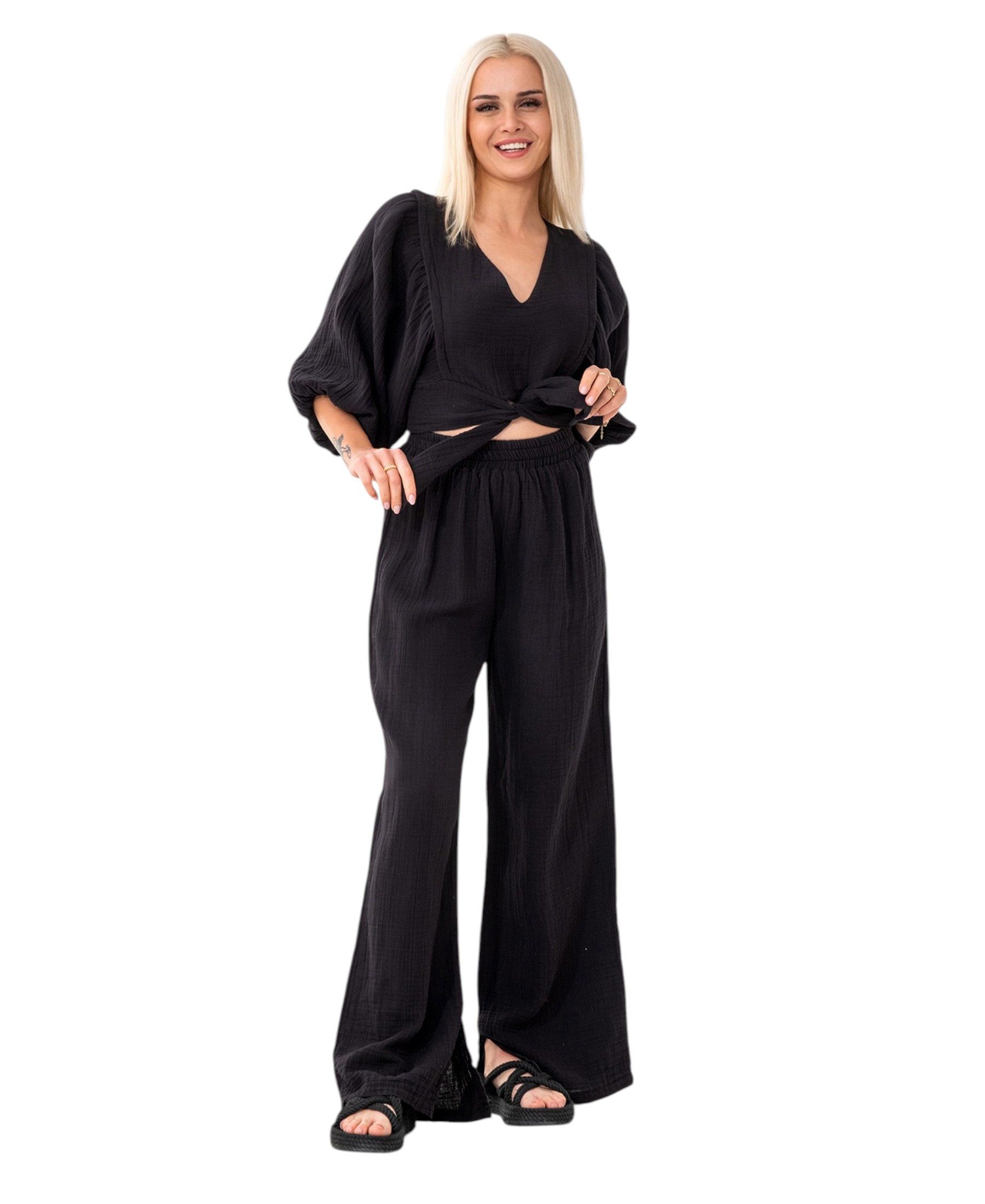 WENOR Crop-Top Set Damen Musselin-Zweiteiler mit Hose, Wickel-Top & V-Ausschnitt (2-tlg., Zweiteiliges Set) Bindeband vorn, Raffdetails an Schultern