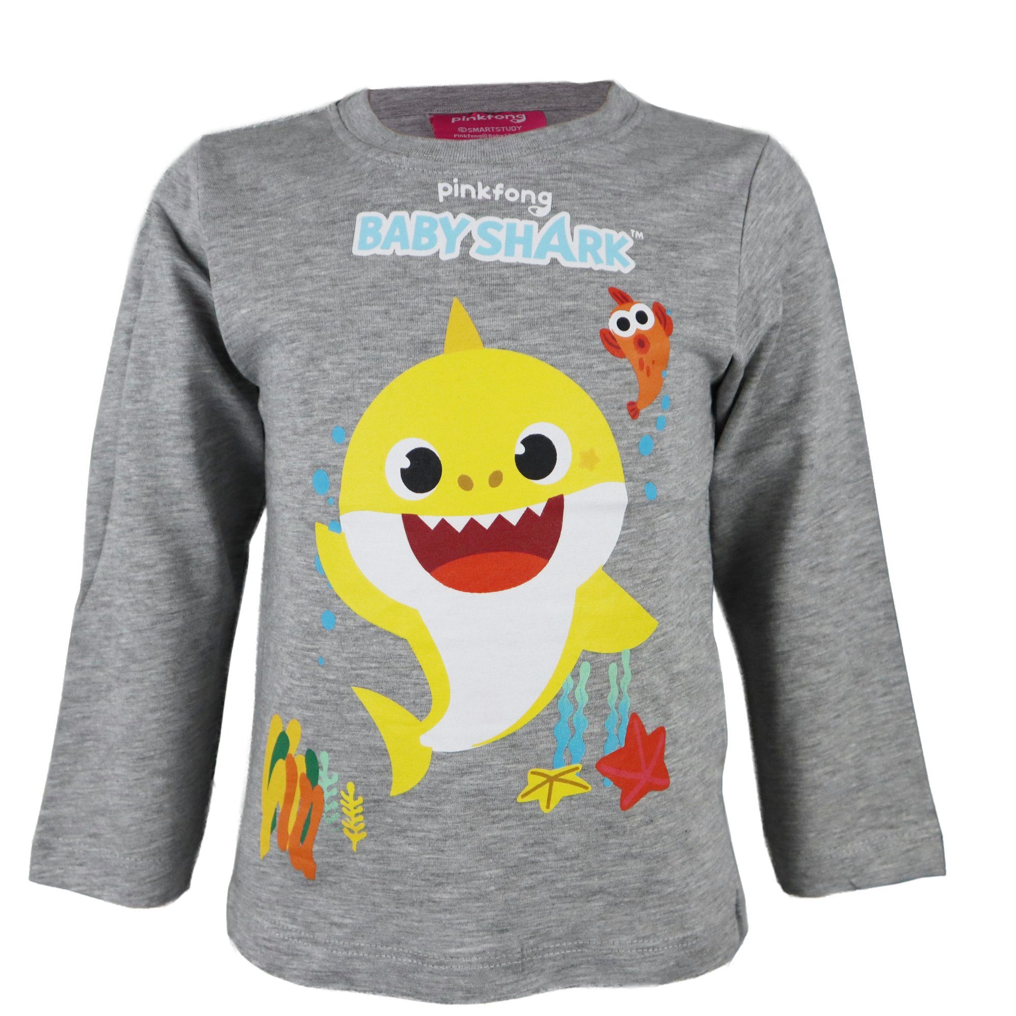 EplusM Langarmshirt Pinkfong Babyshark Kinder Shirt Gr. 92 bis 116, Baumwolle, Blau oder Grau