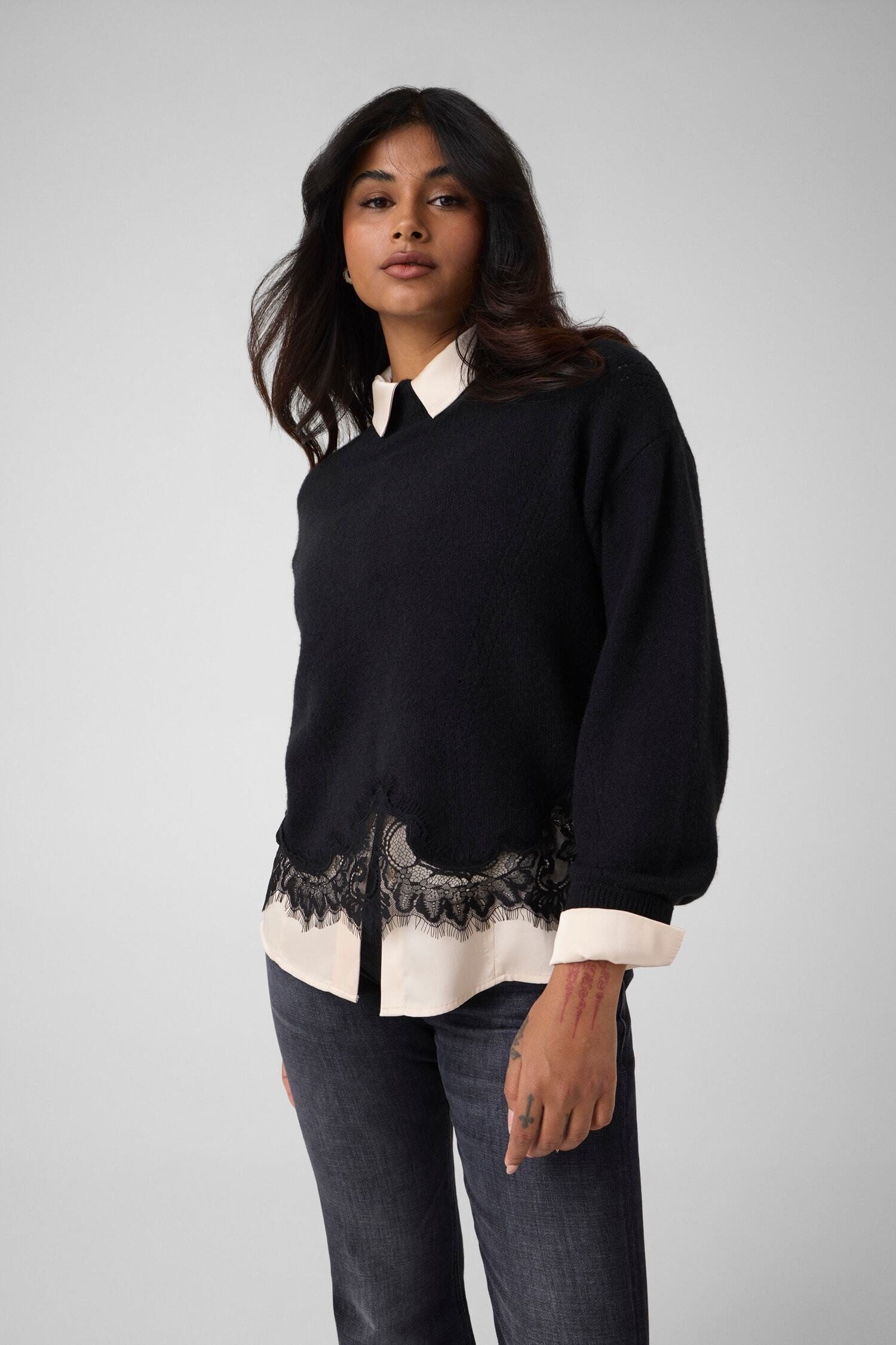 Guess Strickpullover LS MN HAYDEN LACE SWTR mit Woll-Anteil, Spitzenbesatz