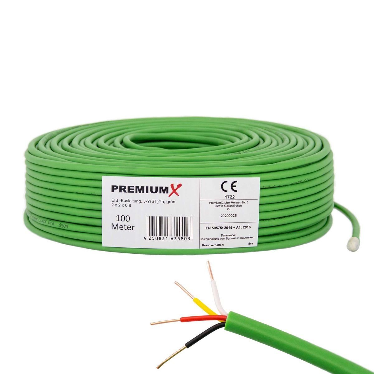 PremiumX 100m EIB BUS-Kabel J-Y(ST)Yh 2x2x0,8 Eca Busleitung Datenkabel grün Installationskabel
