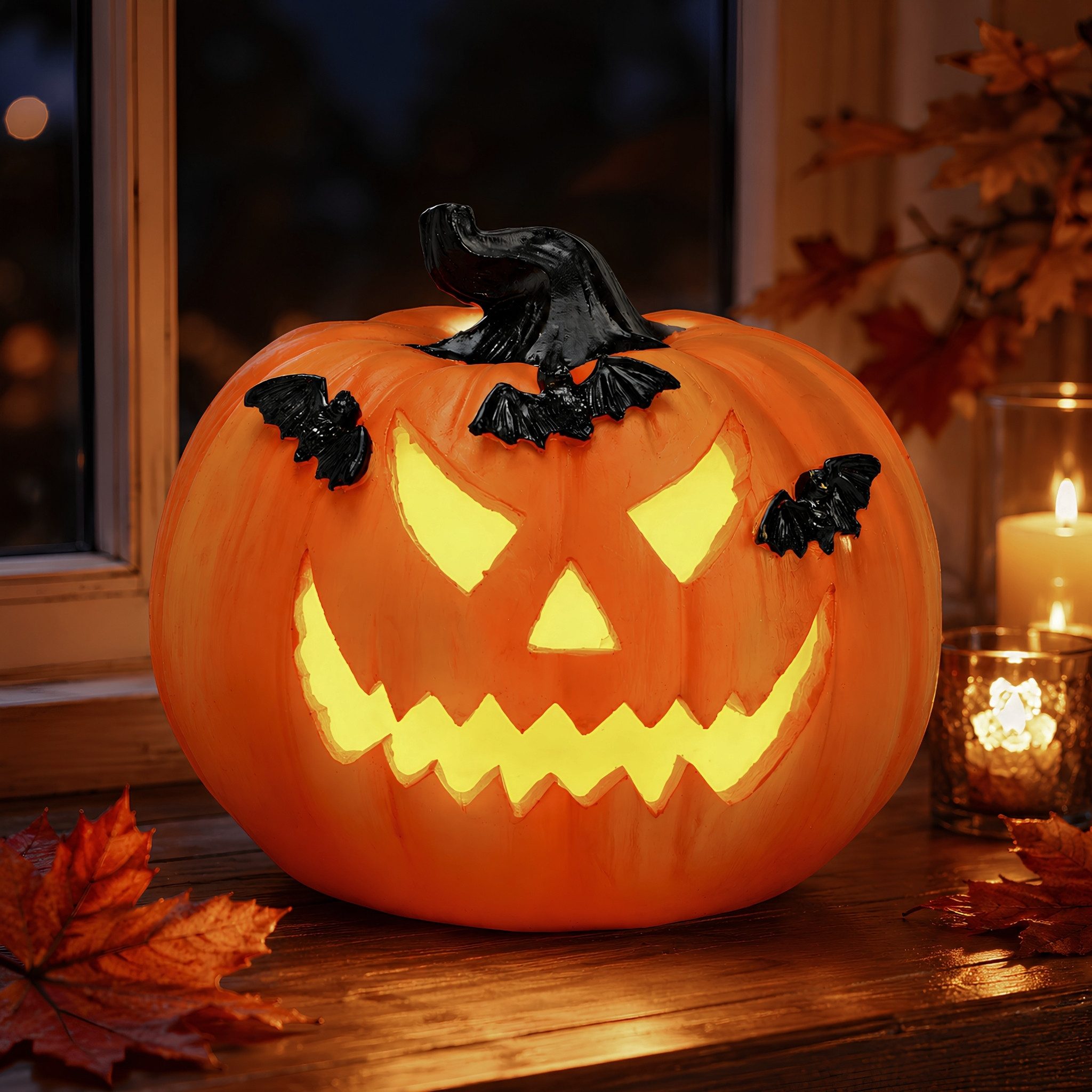 matches21 HOME & HOBBY Dekolicht LED Halloween Kürbis in Ø 14 x 12 cm - Deko mit Fledermäusen aus Poly, LED, Warmweiß, LED-Kürbis - Polyresin - 2×LR44 - kein Timer