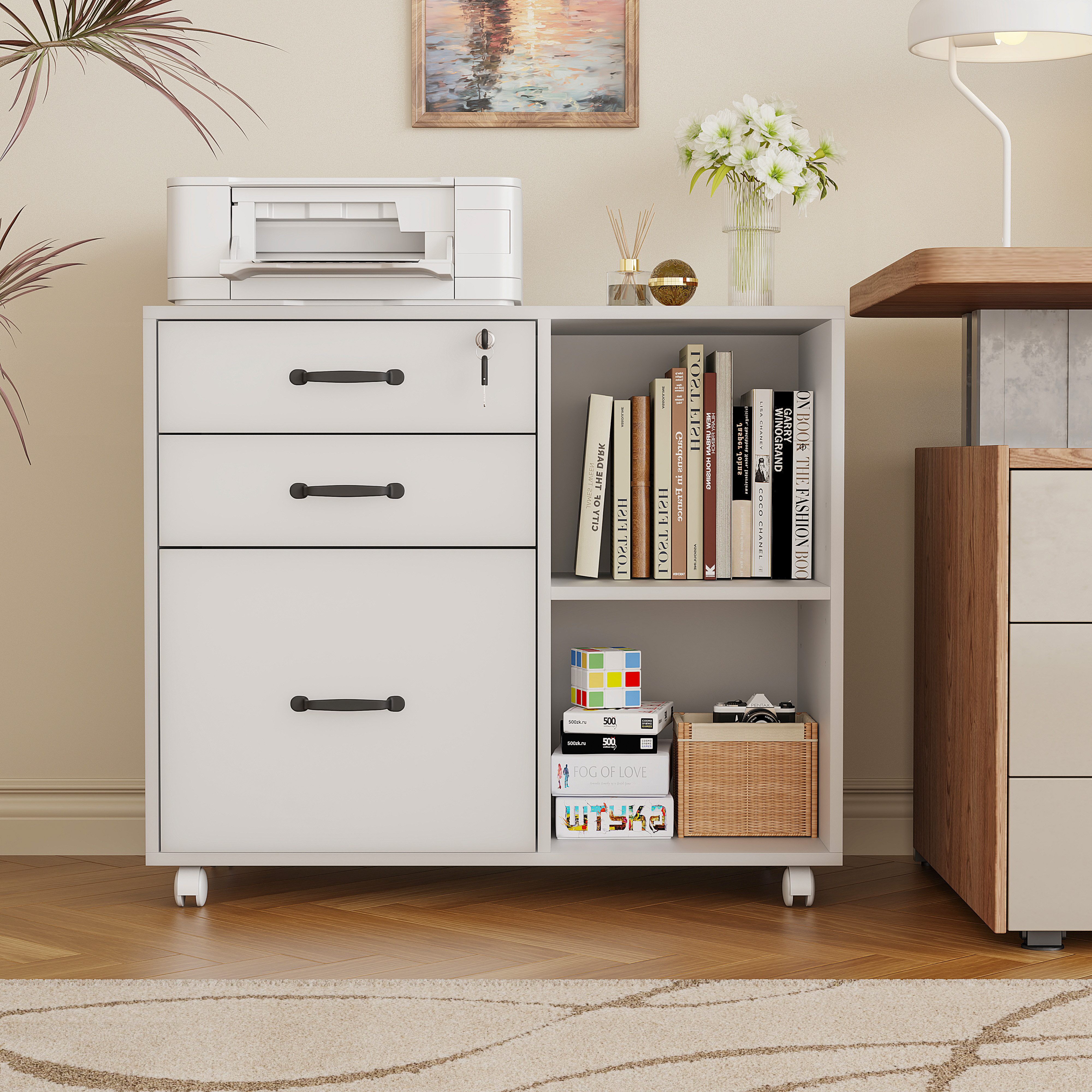 JOIVI Aktenschrank Aktenschrank mit Räder (mit 3 Schubladen und 2 offenen Ablagen, 2-tlg Mobiler Druckertisch für A4, Legal, Letter) ideal für Büro, Arbeitzimmer, Wohnzimmer, Weiß