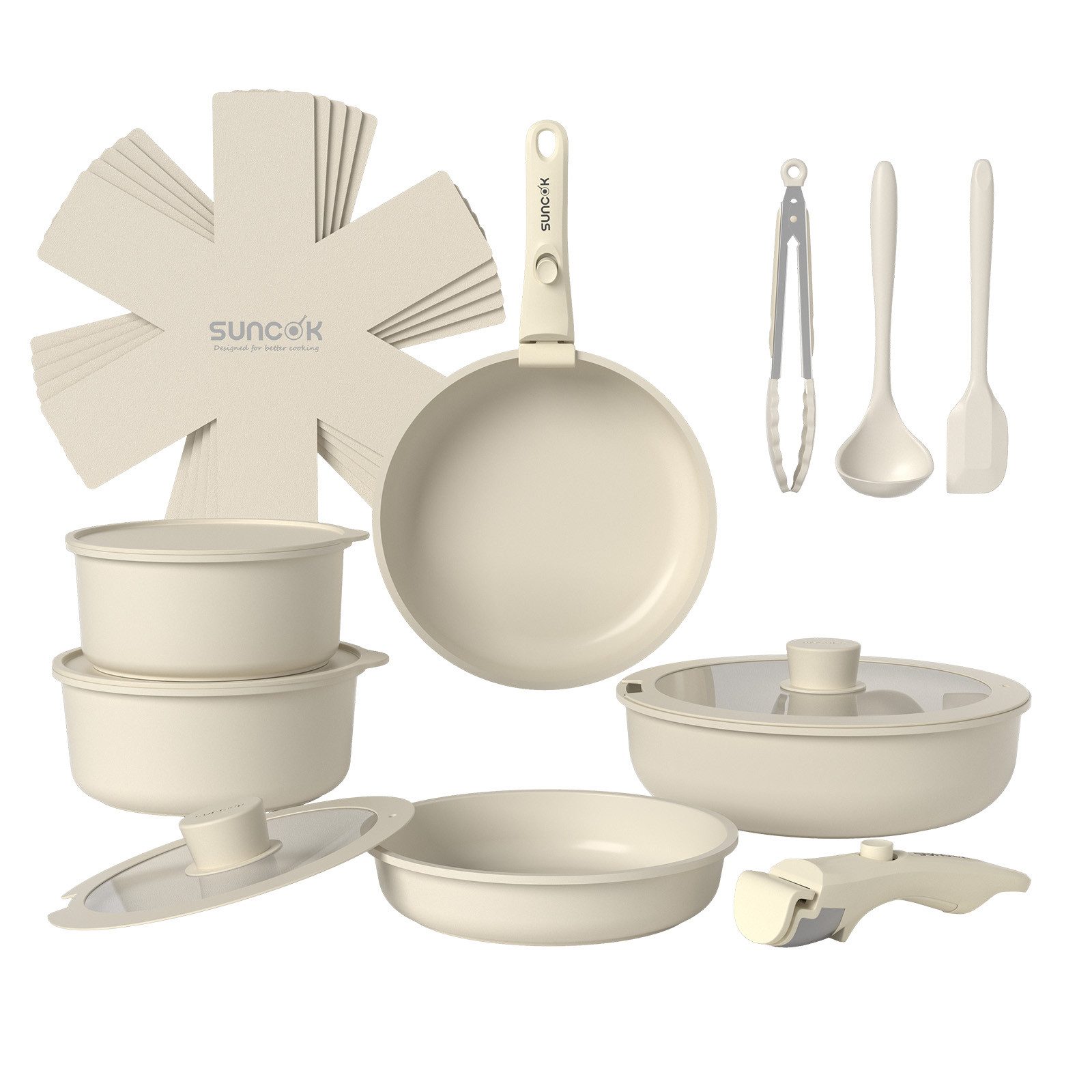 SUNCOK Topf-Set Pfannenset 19-Teilig Antihaft-Keramik-Kochgeschirr-Set,Ofenfest 450 °C, Aluminium (Set, 18/20 cm Suppentopf + 20/26 cm Bratpfanne + 26 cm Tiefe Bratpfanne), mit Abnehmbaren Griffen, Stapelbar Topfset Für alle Herdarten