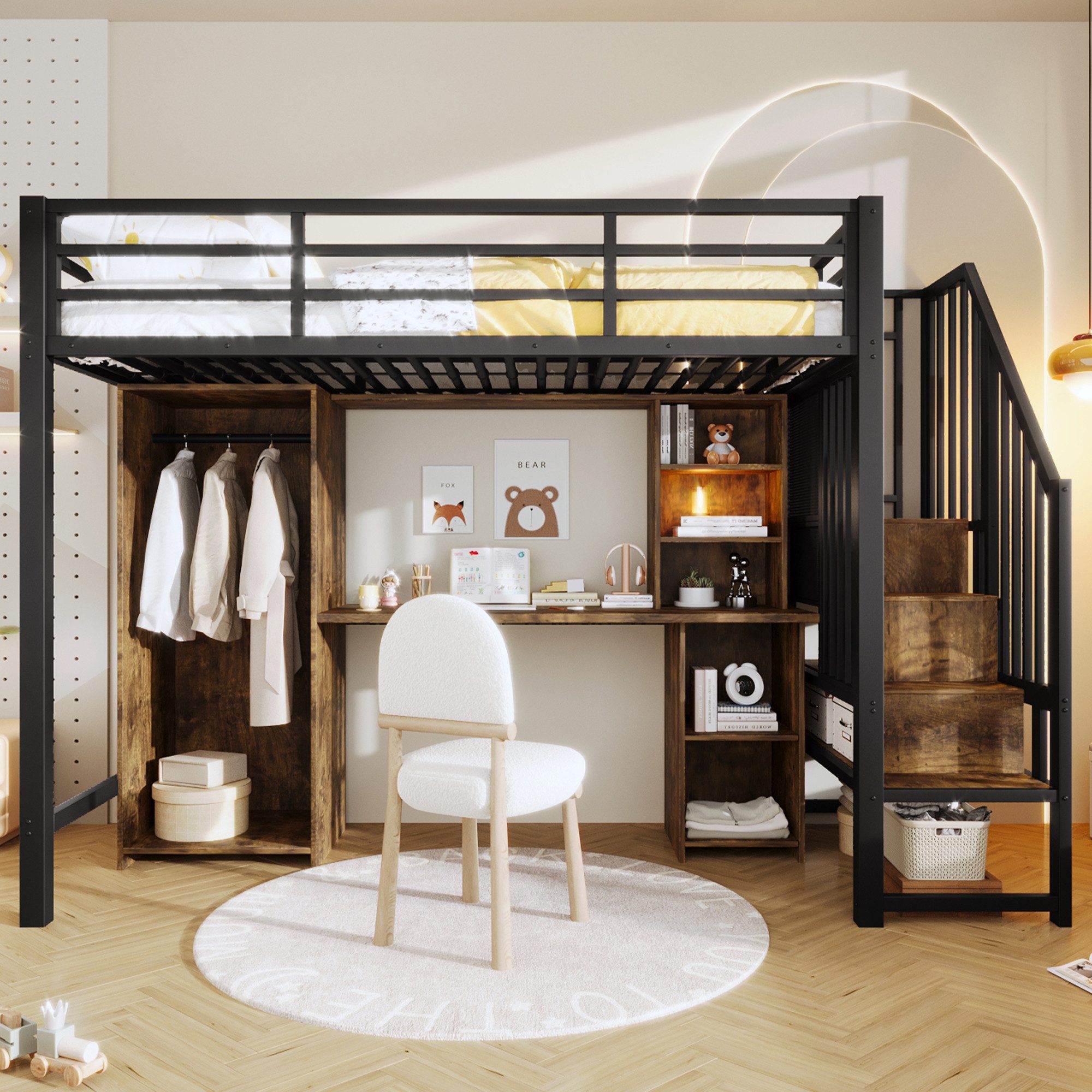 Ulife Hochbett 90 x 200 cm, mit Stauraum, Kleiderschrank, Schreibtisch, Eisenrahmen Treppenkonstruktionen mit Stauraum, ohne Matratze, schwarz