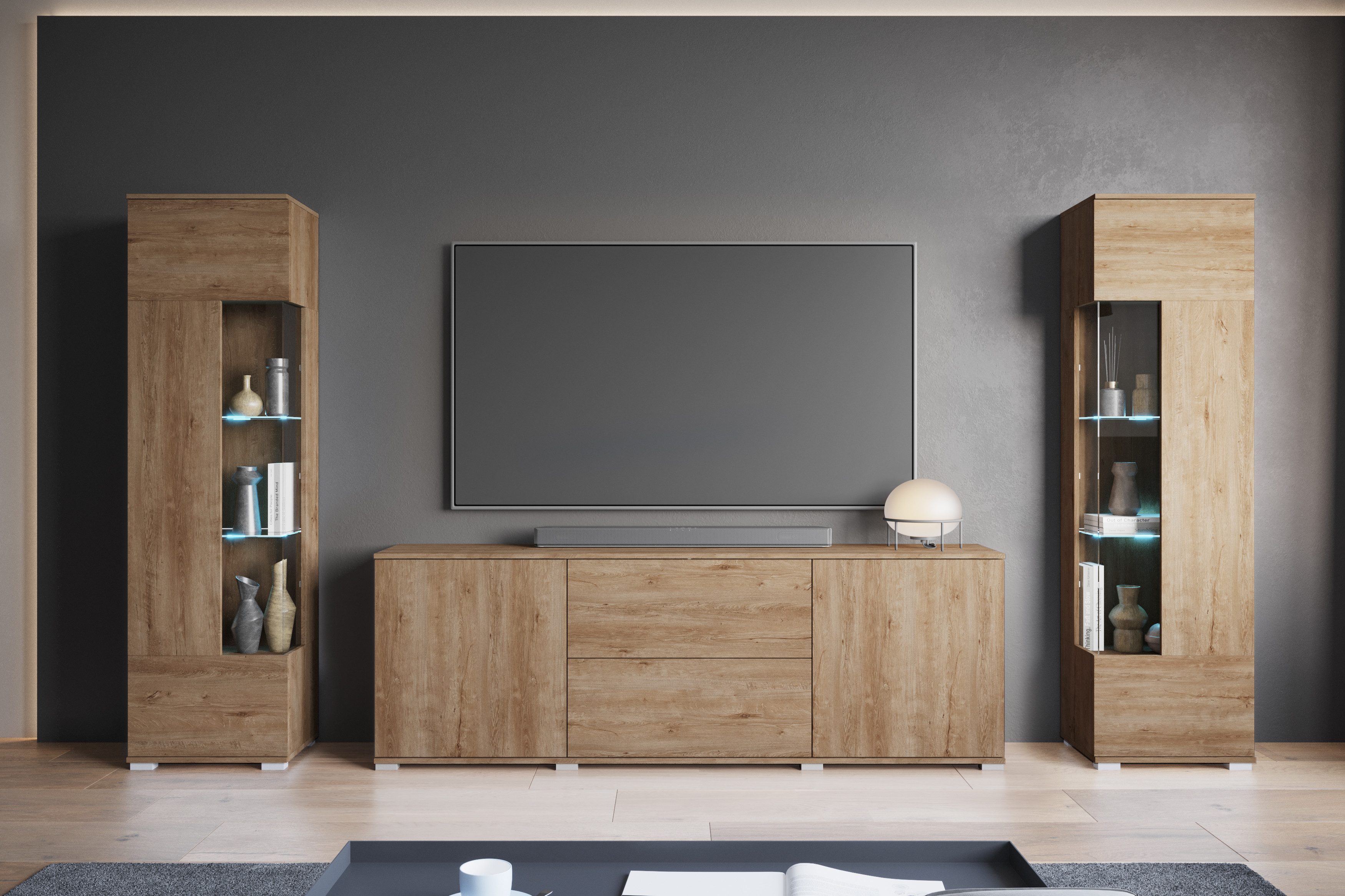 INOSIGN Wohnwand KENIA, (Komplett-Set, 3-St), Vitrinen mit Eckverglasung, h günstig online kaufen