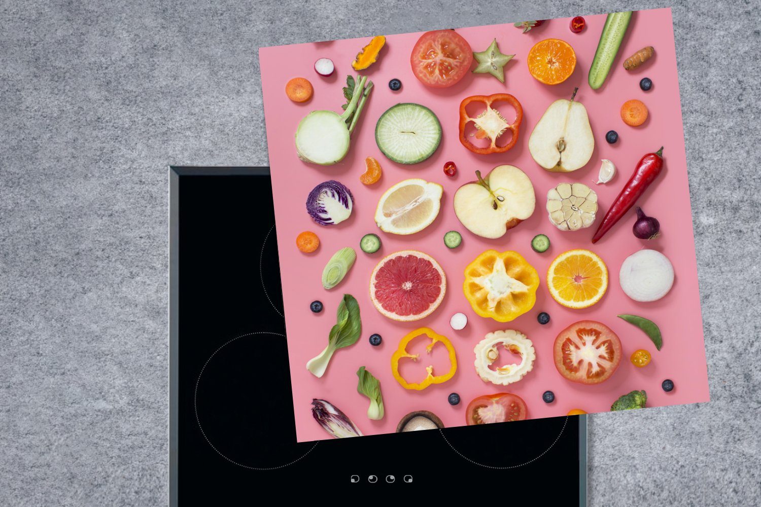 Rosa, cm, Obst - Herdblende-/Abdeckplatte tlg), Arbeitsplatte - Vinyl, küche Gemüse MuchoWow (1 78x78 Ceranfeldabdeckung, für
