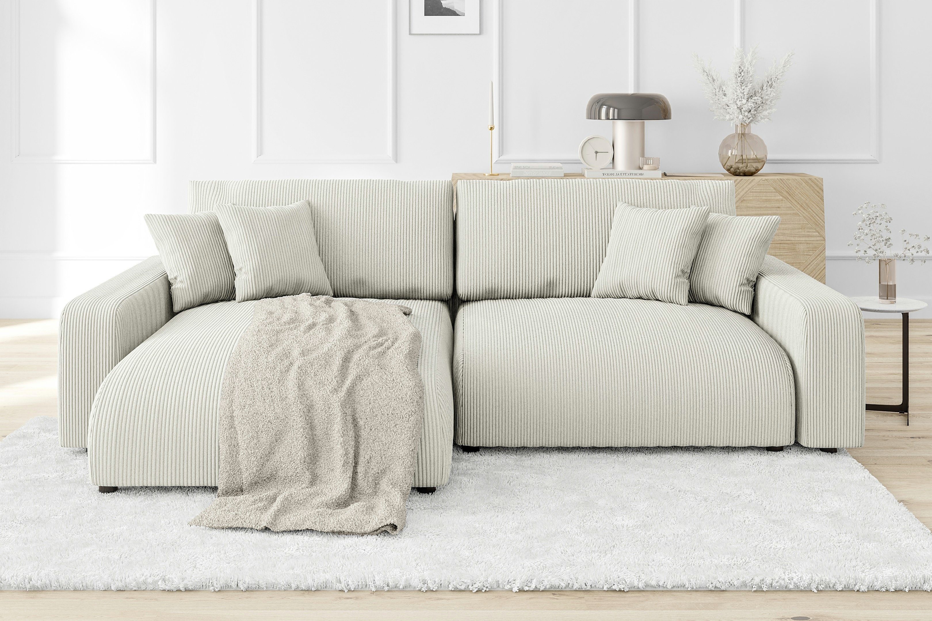 S-Style Möbel Ecksofa Emma mit Bettfunktion in Cord-Stoff und hohem Sitzkomfort, Ottomane links oder rechts bestellbar, mit Wellenfederung