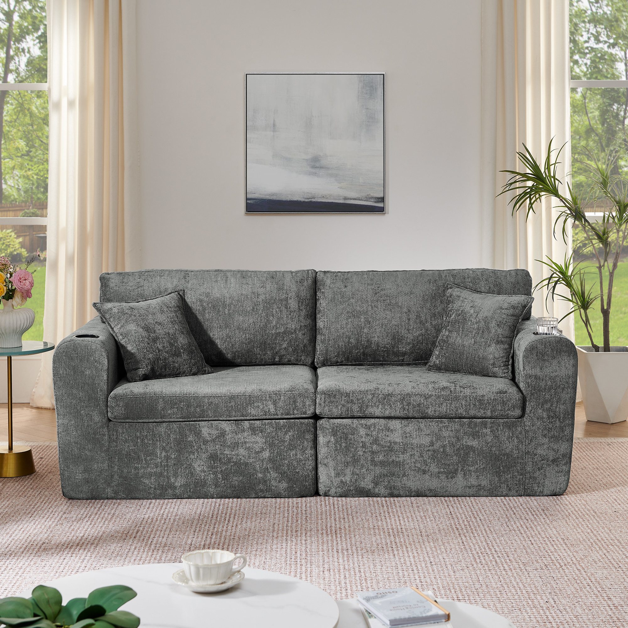 Celya Sofa 2-Sitzer-Relaxsofa, Chenille-Stoff, mit seitlicher Magazintasche, Getränkehalter und Kissen, für Wohnzimmer,Arbeitszimmer,Gästezimmer und Wohnungen
