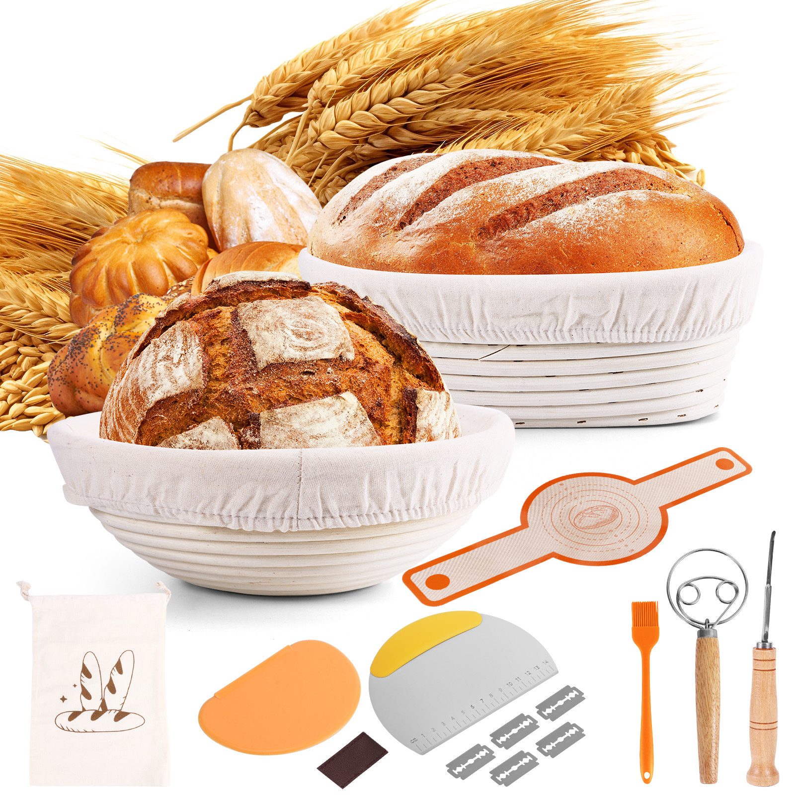 BlingBin Gärkorb 10-teiliges Gärkörbchen für Brotteig, Sauerteig-Starter-Set mit Liner, (10er Set 10-tlg), Brot Backen Werkzeuge, Sauerteig Brot Backen Zubehör für Anfänger