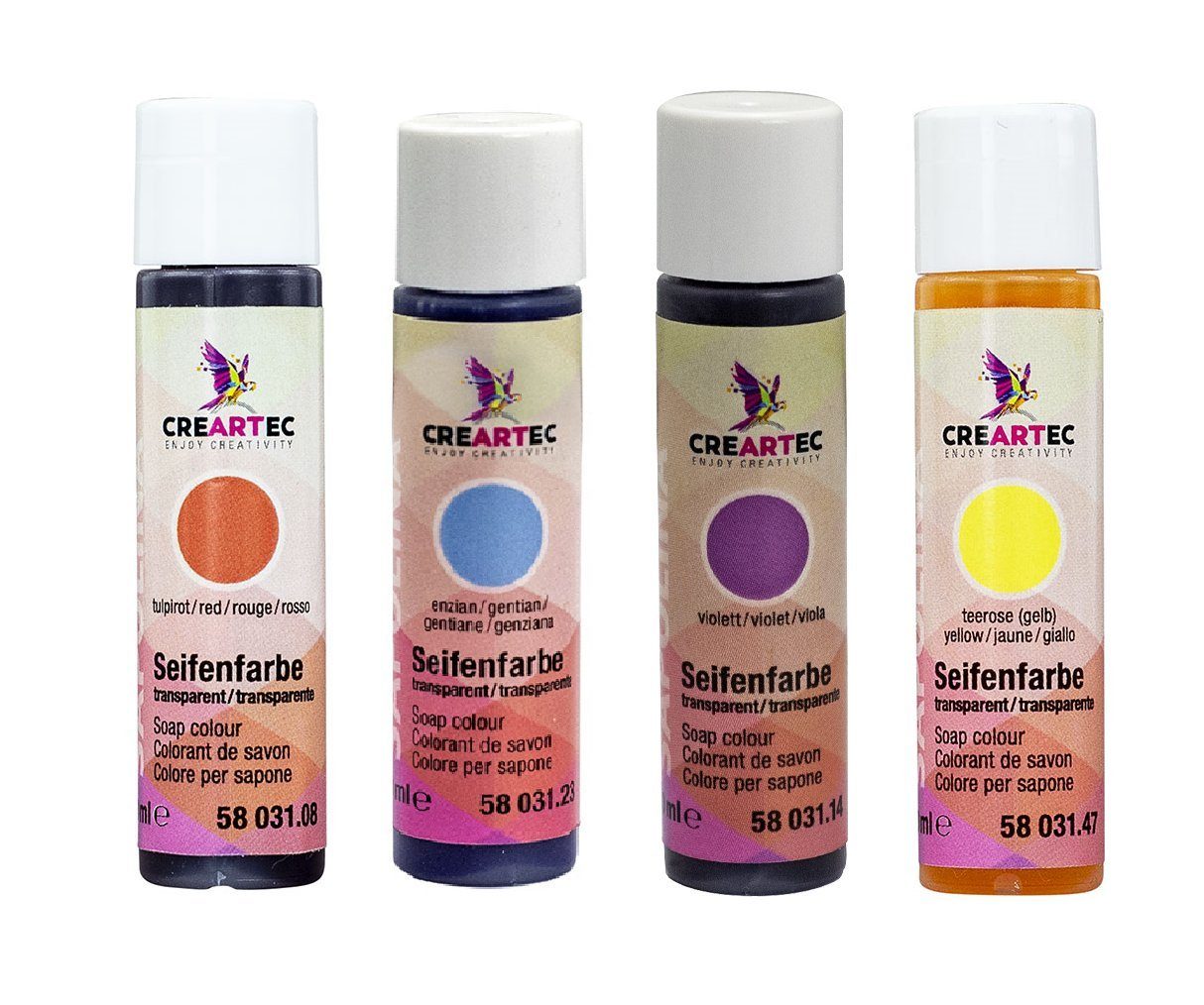CREARTEC Farbpigment Seifenfarben Transparent - 4er Set - Rot, Blau, Gelb, Violett, zum Herstellen farbiger Seifen - Made in Germany