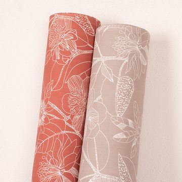 SCHÖNER LEBEN. Stoff Dekostoff Baumwolle Canvas Orkeo Blumen Zeichnung marsala-rot weiß 1,5