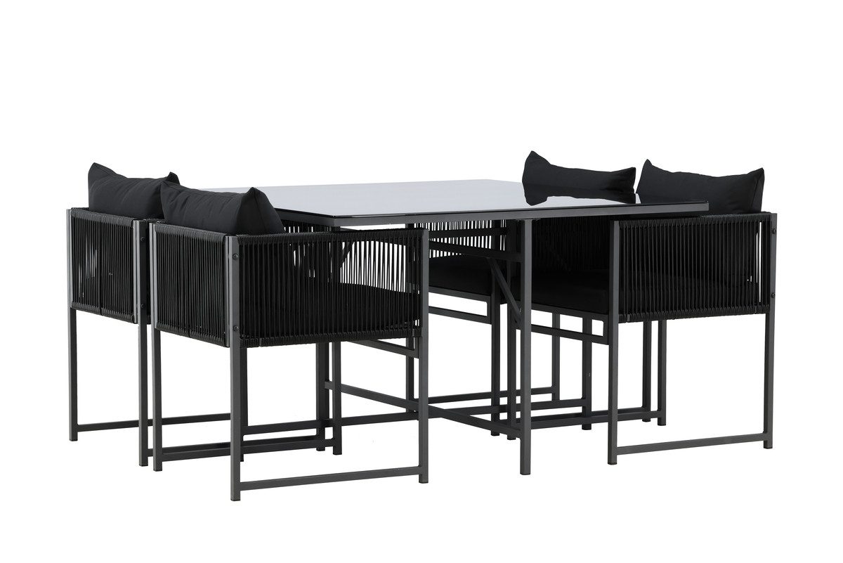 Nordanest Garten-Essgruppe NOTO, (Set, 5-tlg., 1 Tisch, 4 Stühle, 4 Auflagen, 4 Kissen, Stahl, Glassplatte), bestehend aus 4 Stühlen und 1 Tisch mit Glassplatte