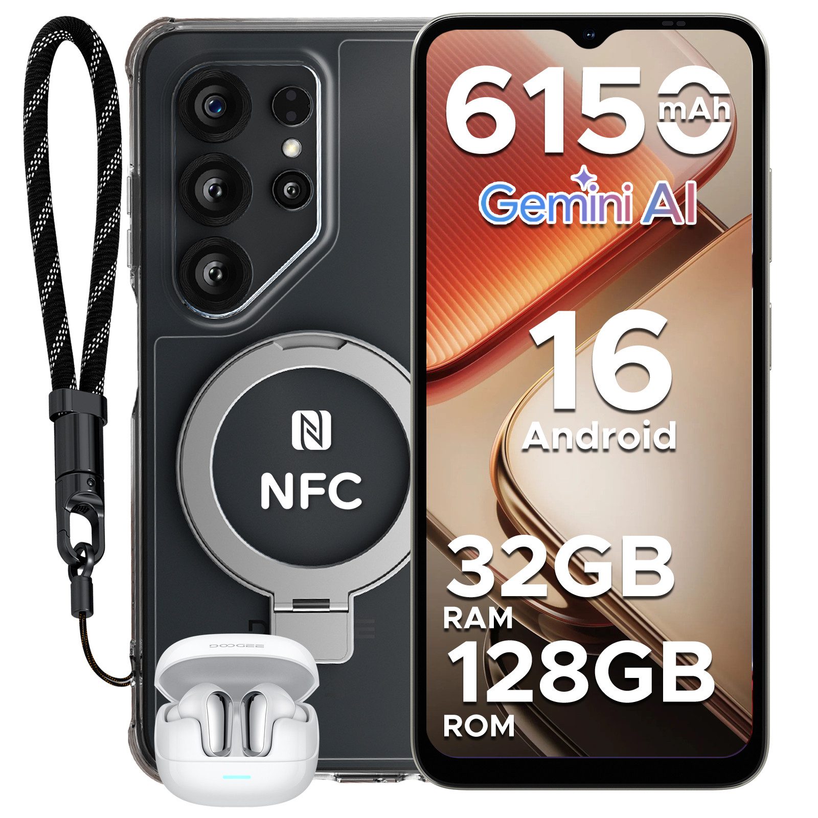 DOOGEE Note 56 X Pro Android 16, inkl. Kopfhörer, 6.56", 6150mAh, 4+128GB Smartphone (6,56 Zoll, 128 GB Speicherplatz, 13 MP Kamera, Gemini AI, 128GB ROM/2TB, NFC, Dual SIM, Face ID, Widevine L1)