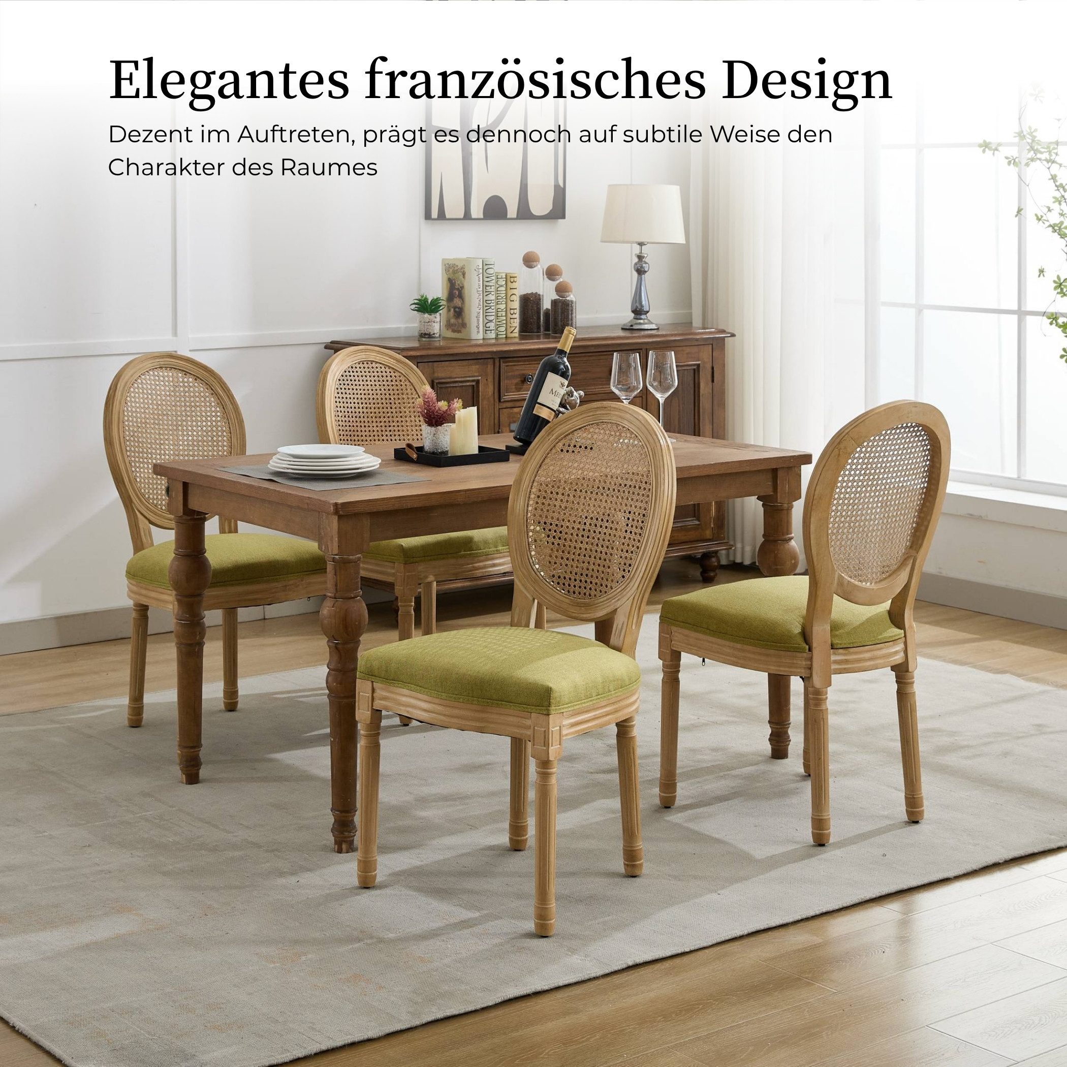 SeedWave Esszimmerstuhl 2er Set Küchenstuhl aus Massivholz-Gestell, mit Rattan-Rückenlehne, Polsterstuhl inkl. Leinenbezug Sitzfläche