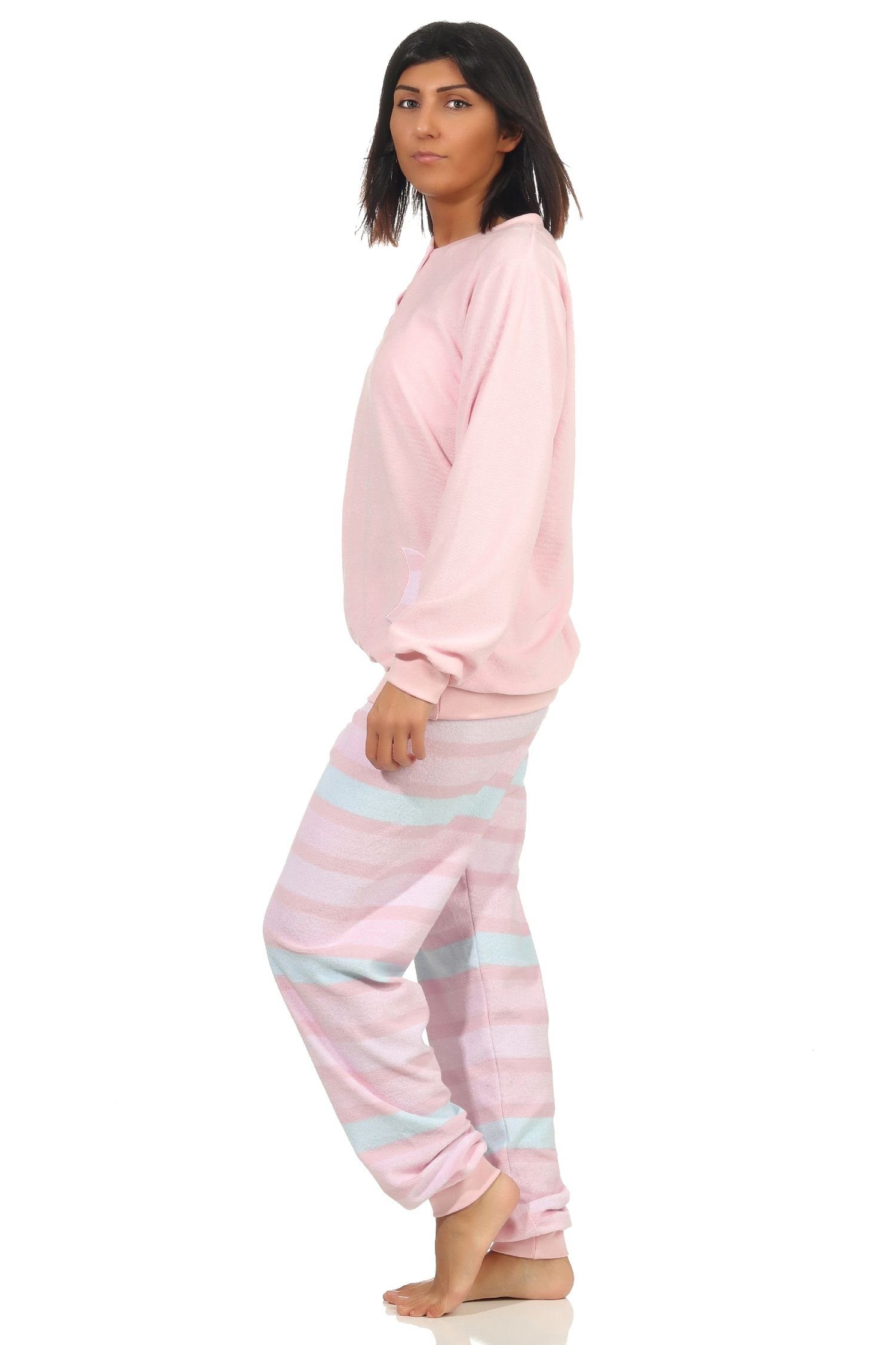 Normann Pyjama Damen Hose – lang Frottee mit Bündchen Pyjama rosa gestreift