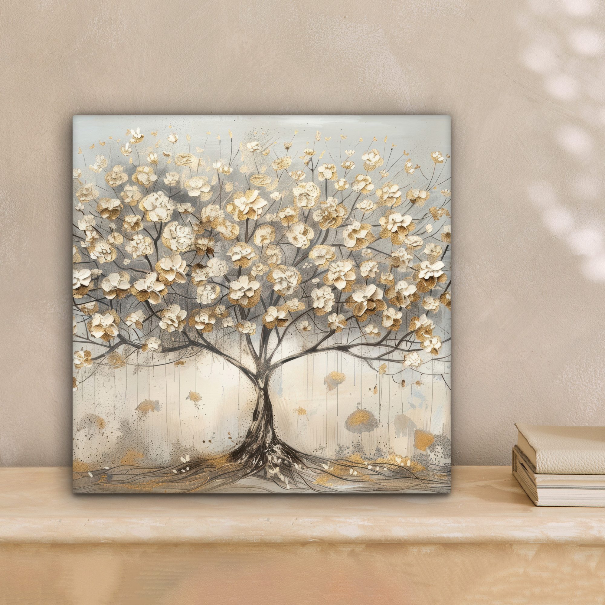 OneMillionCanvasses® Leinwandbild Baum - Beige - Gold - Farben Optik - Grau, Fotodruck (1 St), Wandbild, Deko Schlafzimmer Wohnzimmer Flur 20x20 cm